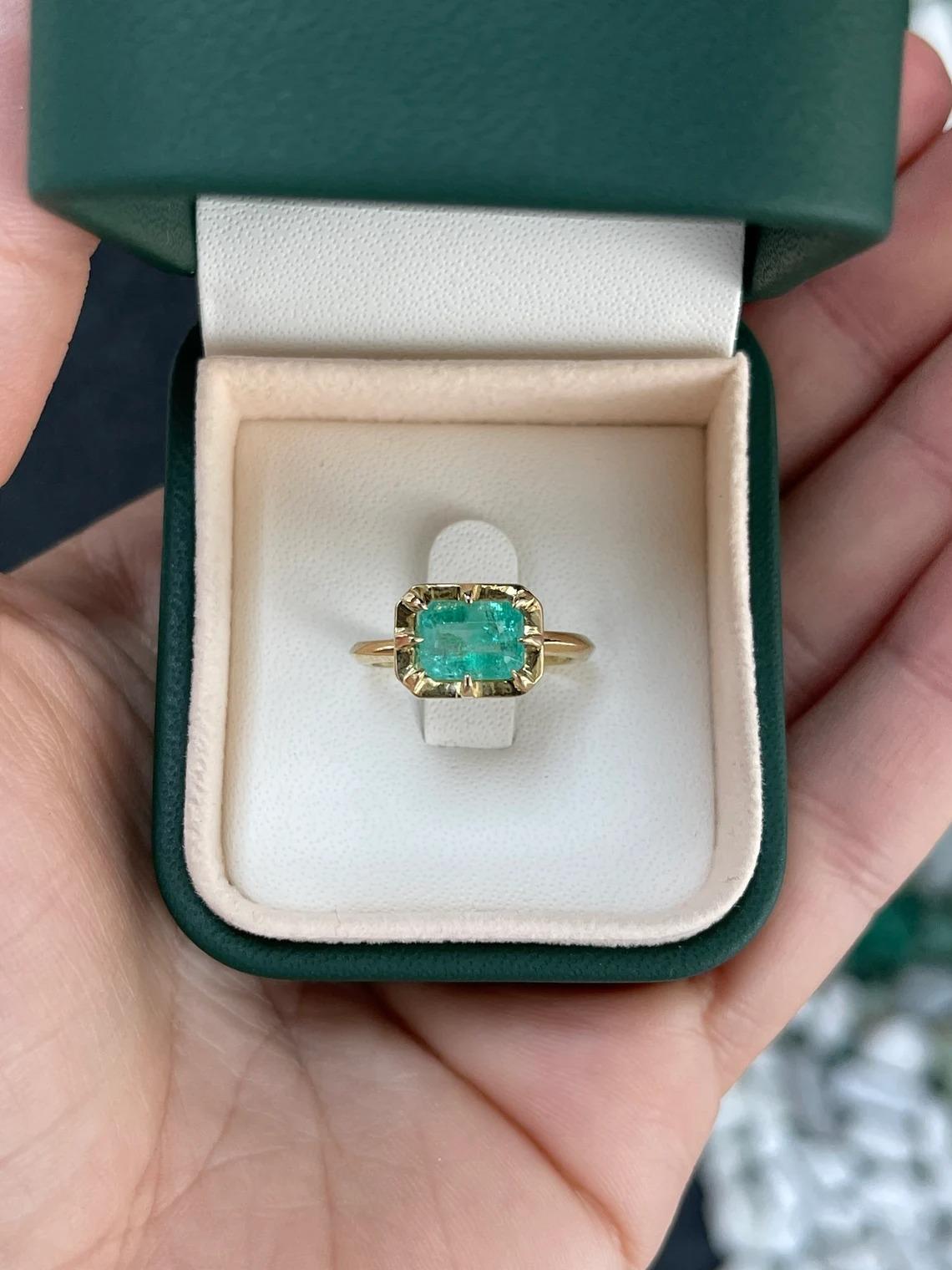 1.75ct 14K 8 Prong Lush Spring Green Emerald Cut Emerald Horizontal Ladies Ring For Sale 1