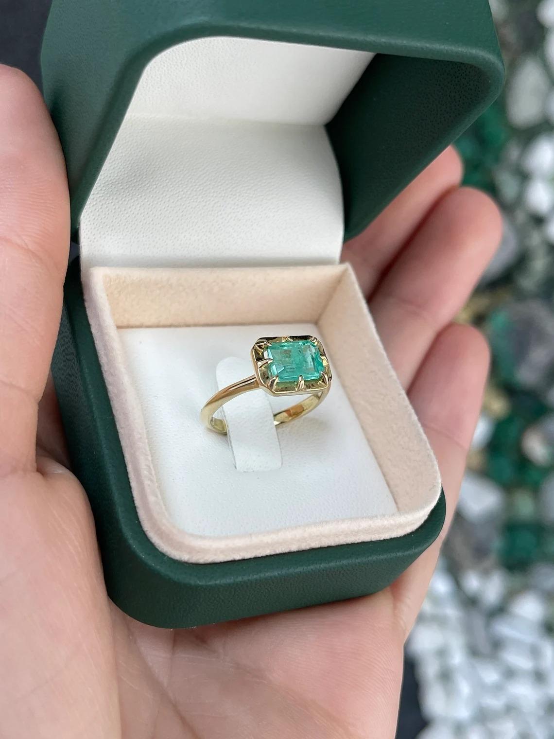 1.75ct 14K 8 Prong Lush Spring Green Emerald Cut Emerald Horizontal Ladies Ring For Sale 2