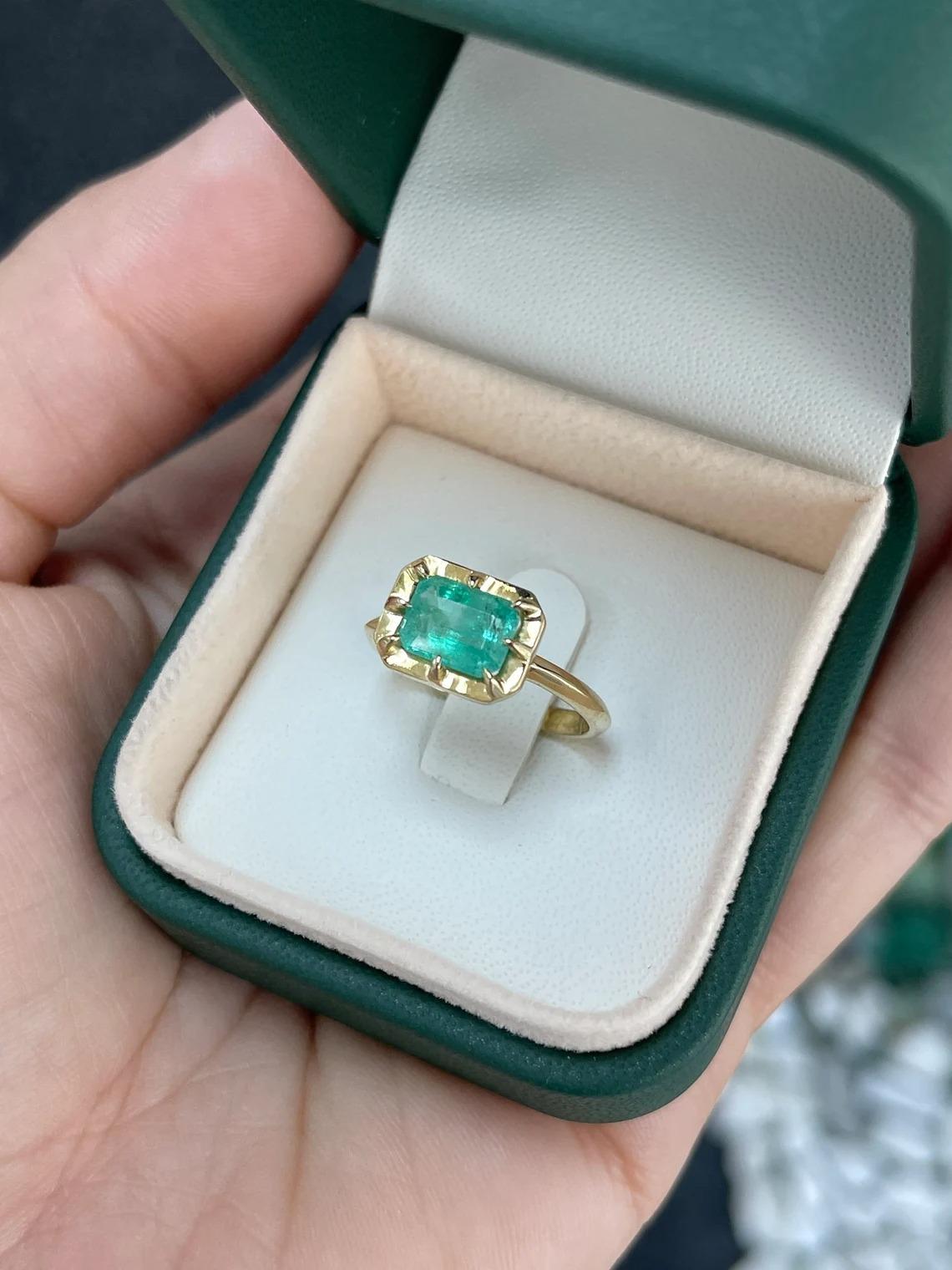 1.75ct 14K 8 Prong Lush Spring Green Emerald Cut Emerald Horizontal Ladies Ring For Sale 3