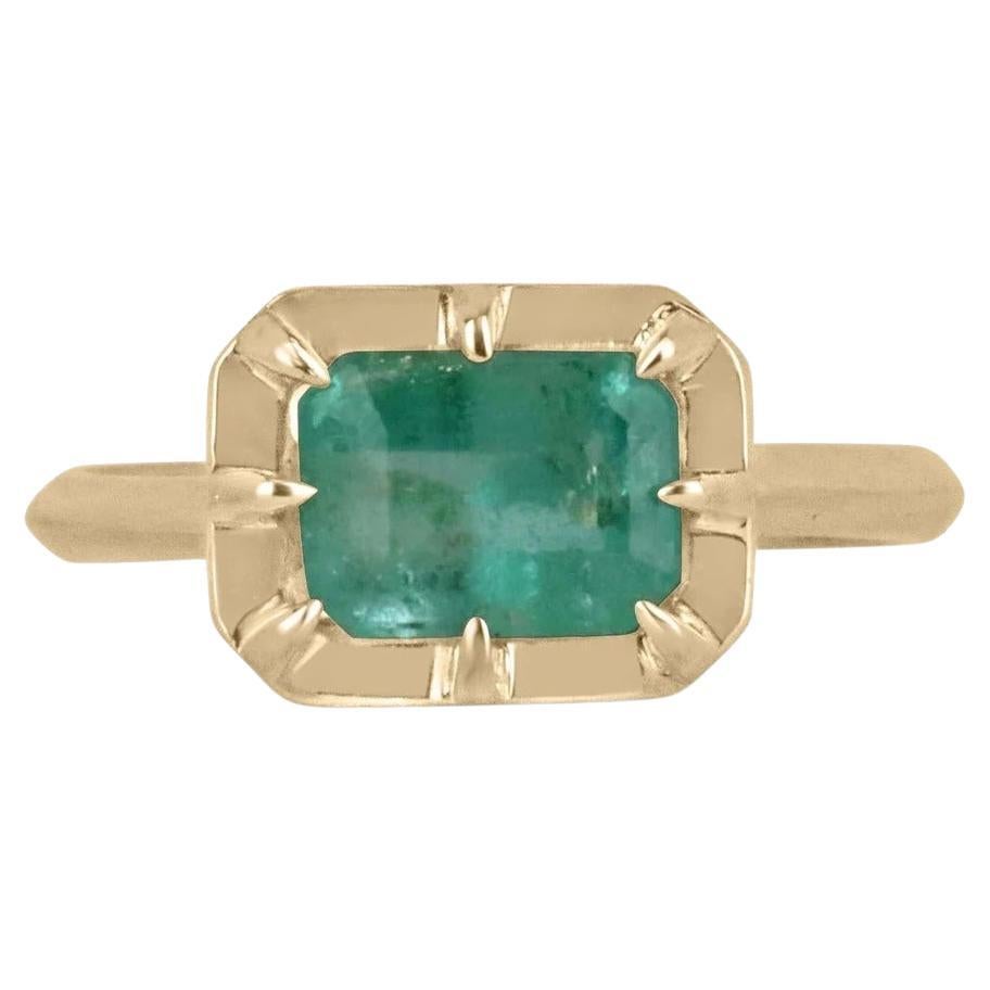 1.75ct 14K 8 Prong Lush Spring Green Emerald Cut Emerald Horizontal Ladies Ring For Sale