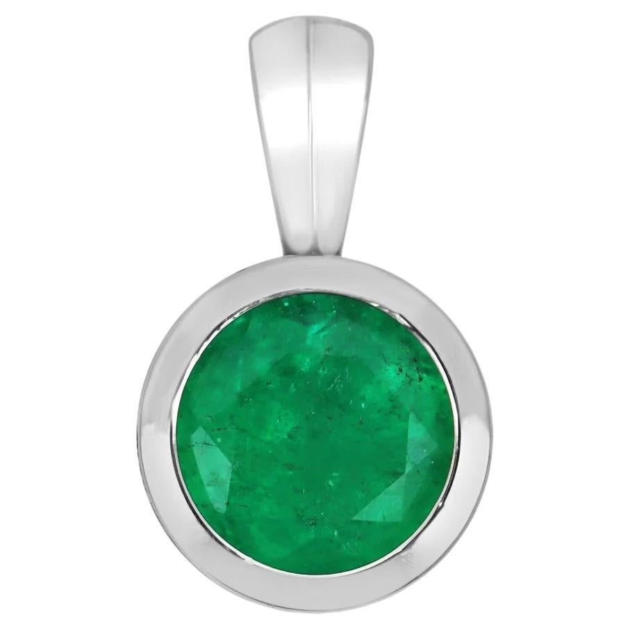 1.75ct 14K Round Vivid Colombian Emerald Bezel Set Solitaire White Gold Pendant