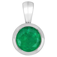 1.75ct 14K Round Vivid Colombian Emerald Bezel Set Solitaire White Gold Pendant