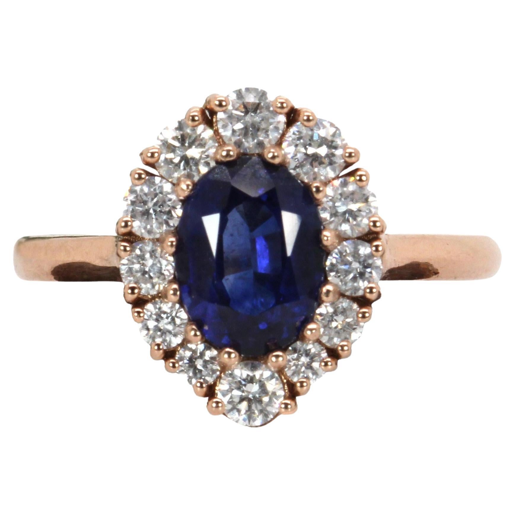 1.75ct Ceylon Sapphire Ring with Natural Diamond Halo in 14K Solid Gold  OV 8x6