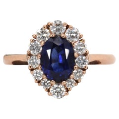 1.75ct Ceylon Sapphire Ring with Natural Diamond Halo in 14K Solid Gold  OV 8x6