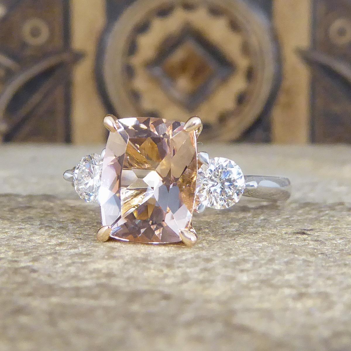 Women's or Men's 1.75ct Cushion Cut Morganite Diamond Three Stone Ring in 18ct Rose & White Gold For Sale