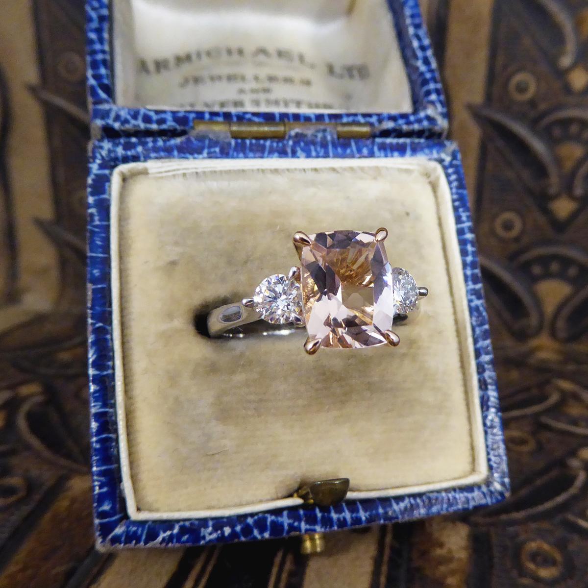 1.75ct Cushion Cut Morganite Diamond Three Stone Ring in 18ct Rose & White Gold For Sale 2