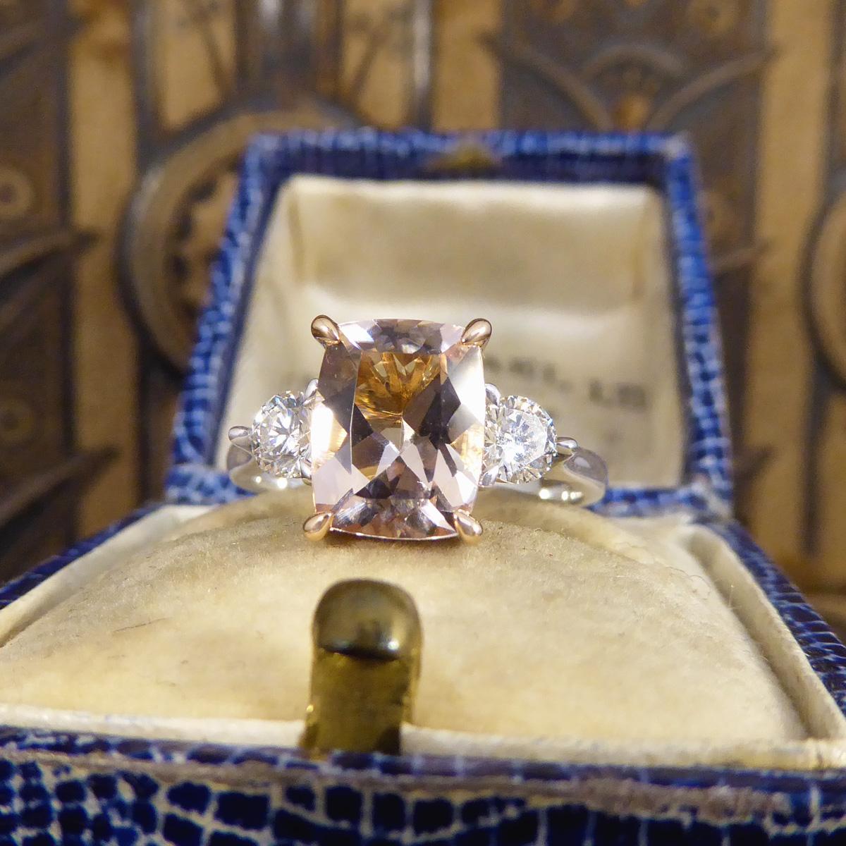 1.75ct Cushion Cut Morganite Diamond Three Stone Ring in 18ct Rose & White Gold For Sale 4
