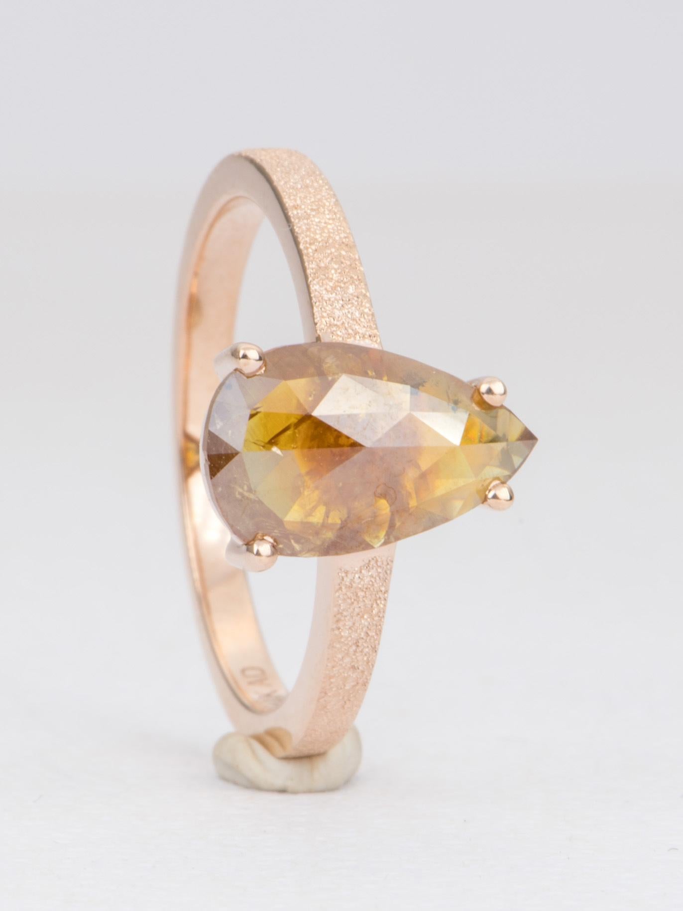 Women's or Men's 1.75 Carat Golden Brown Diamond Ring 14 Karat Rose Gold Pear Shape AD2191-1