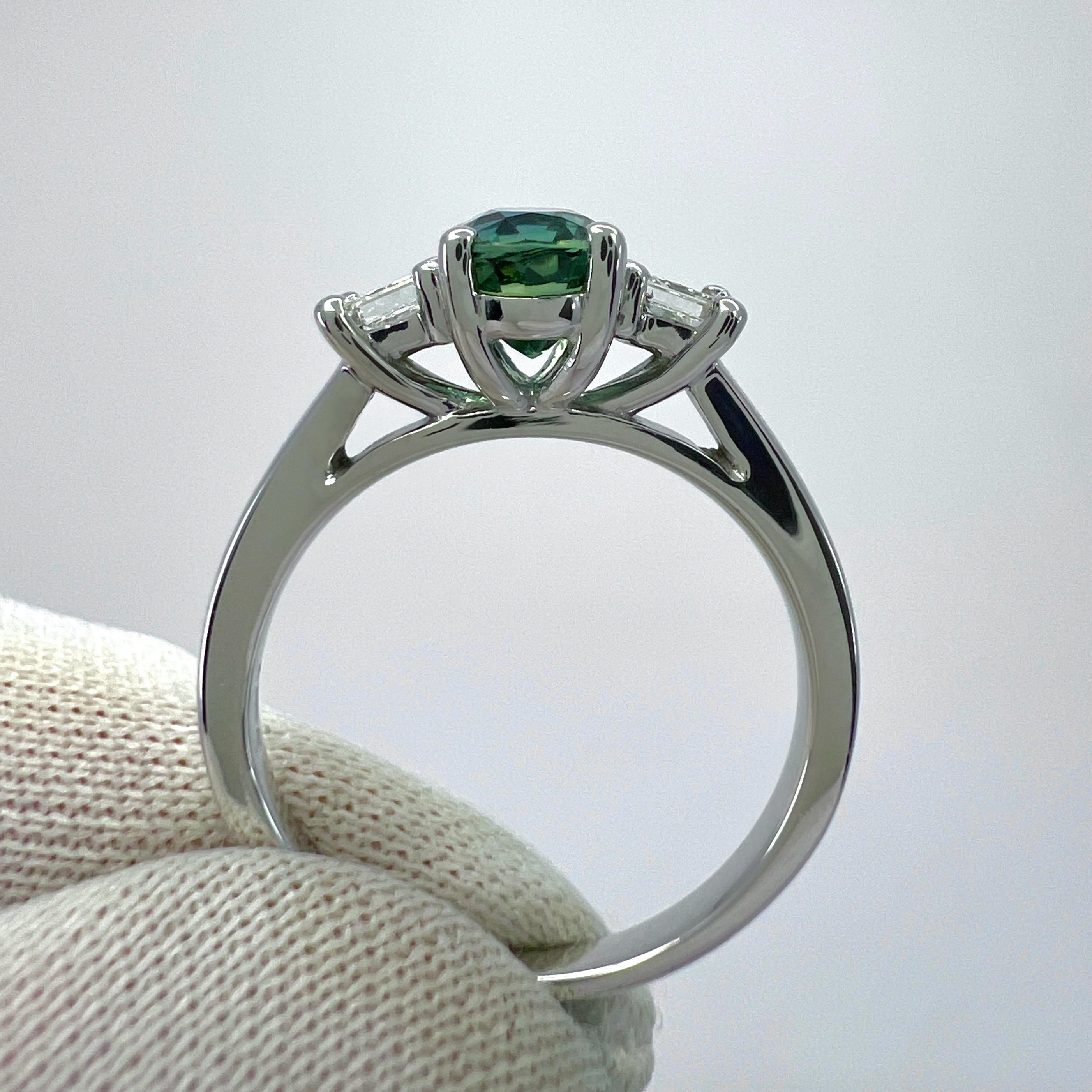 1.75ct Green Blue Oval Cut Sapphire And Diamond 18k White Gold Three Stone Ring For Sale 1