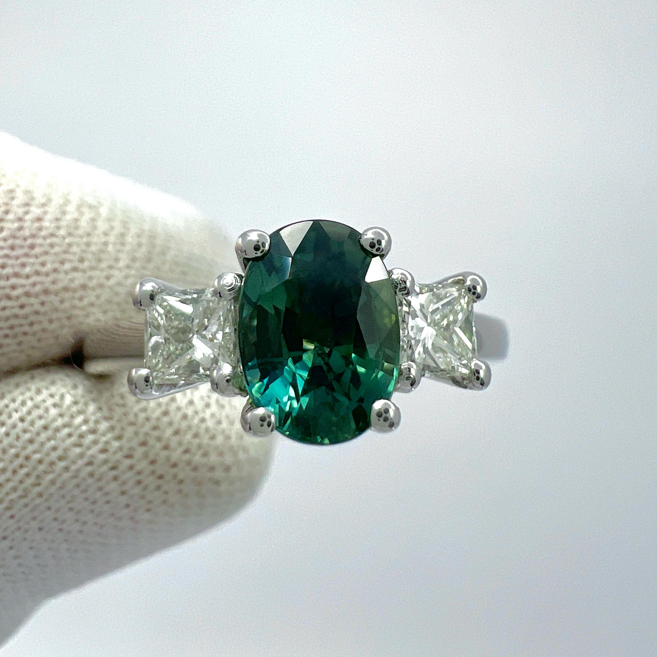 1.75ct Green Blue Oval Cut Sapphire And Diamond 18k White Gold Three Stone Ring For Sale 2