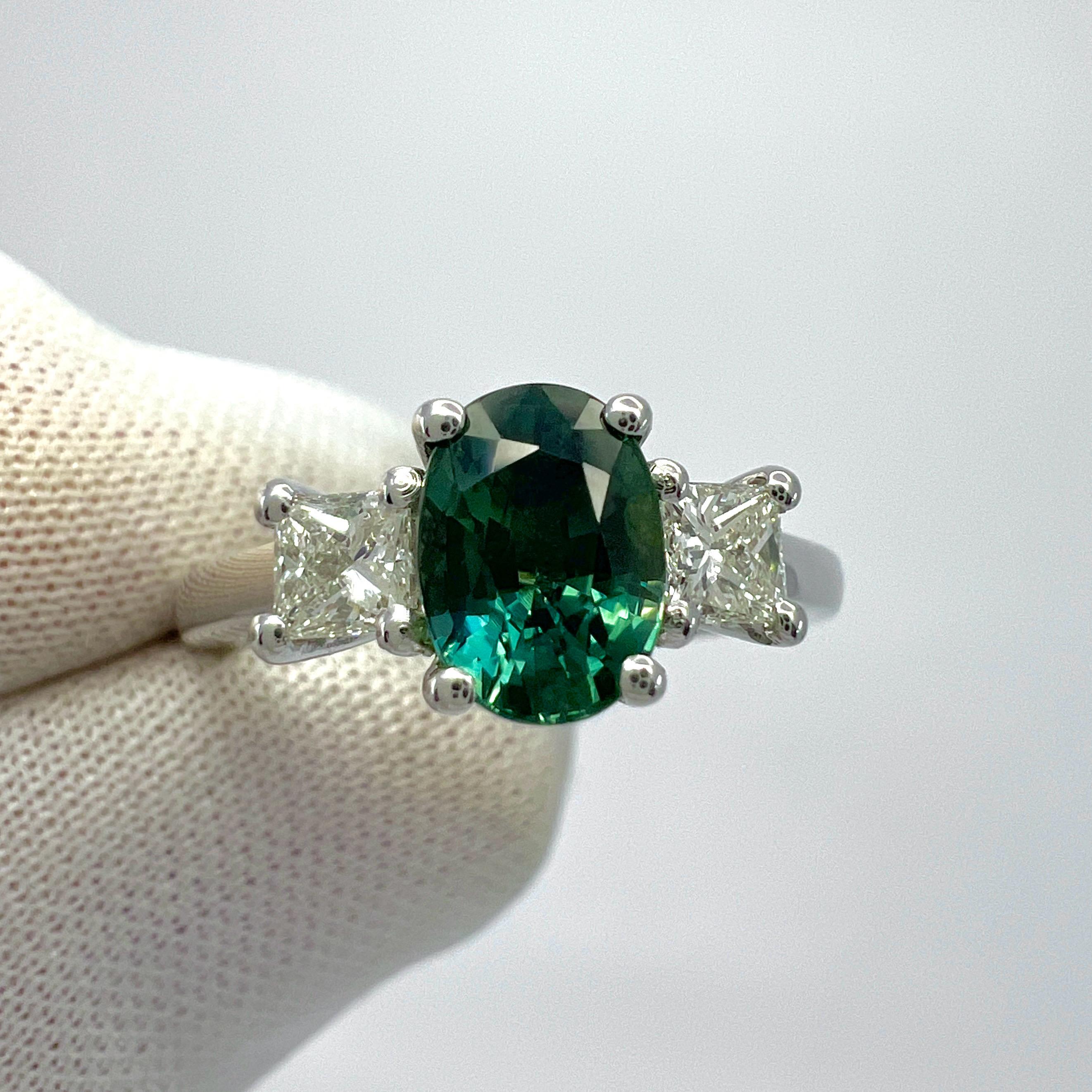 1.75ct Green Blue Oval Cut Sapphire And Diamond 18k White Gold Three Stone Ring For Sale 3