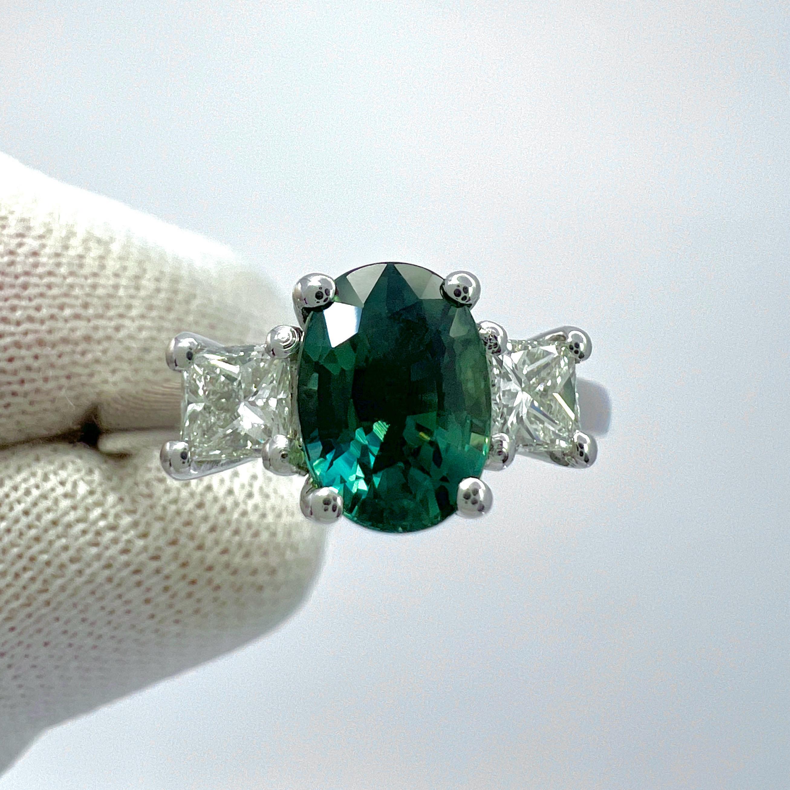 1.75ct Green Blue Oval Cut Sapphire And Diamond 18k White Gold Three Stone Ring For Sale 5