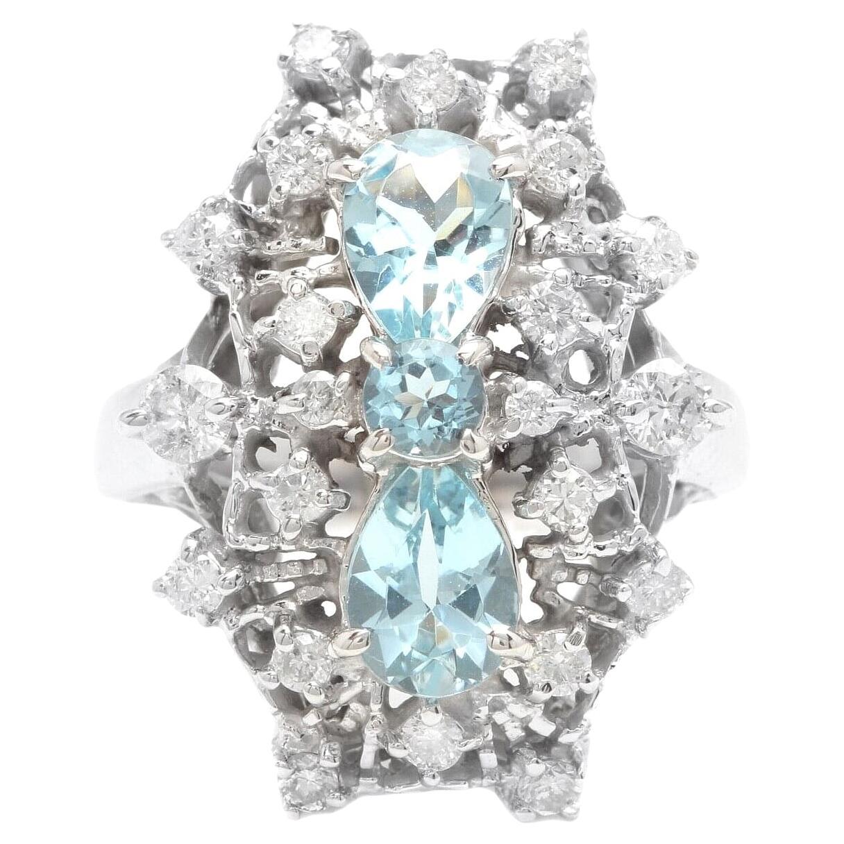 1.75Ct Natural Aquamarine and Diamond 14K Solid White Gold Ring For Sale