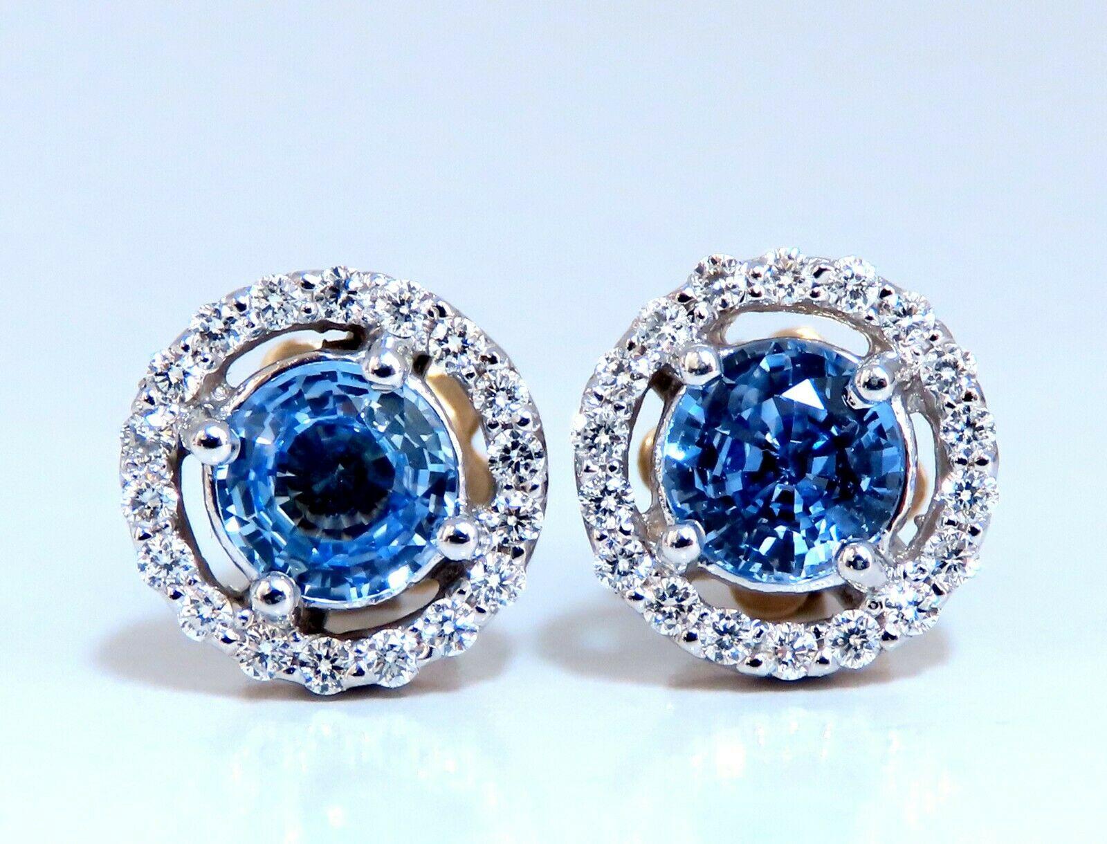 Women's or Men's 1.75ct Natural Sapphire Diamonds Cluster Earrings 14 Karat Gold For Sale