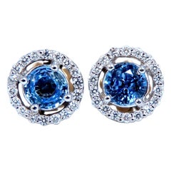 1.75ct Natural Sapphire Diamonds Cluster Earrings 14 Karat Gold*