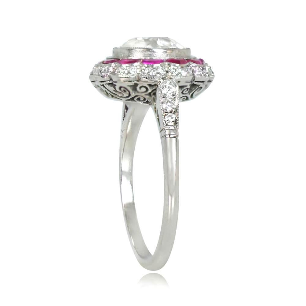Art Deco 1.75ct Old European Cut Diamond Engagement Ring, Diamond & Ruby Halo, Platinum For Sale