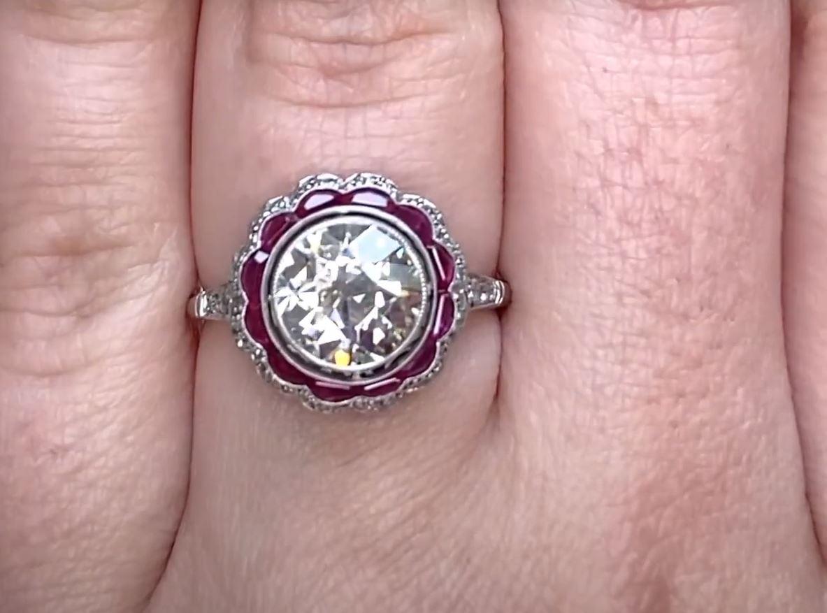 1.75ct Old European Cut Diamond Engagement Ring, Diamond & Ruby Halo, Platinum In Excellent Condition For Sale In New York, NY