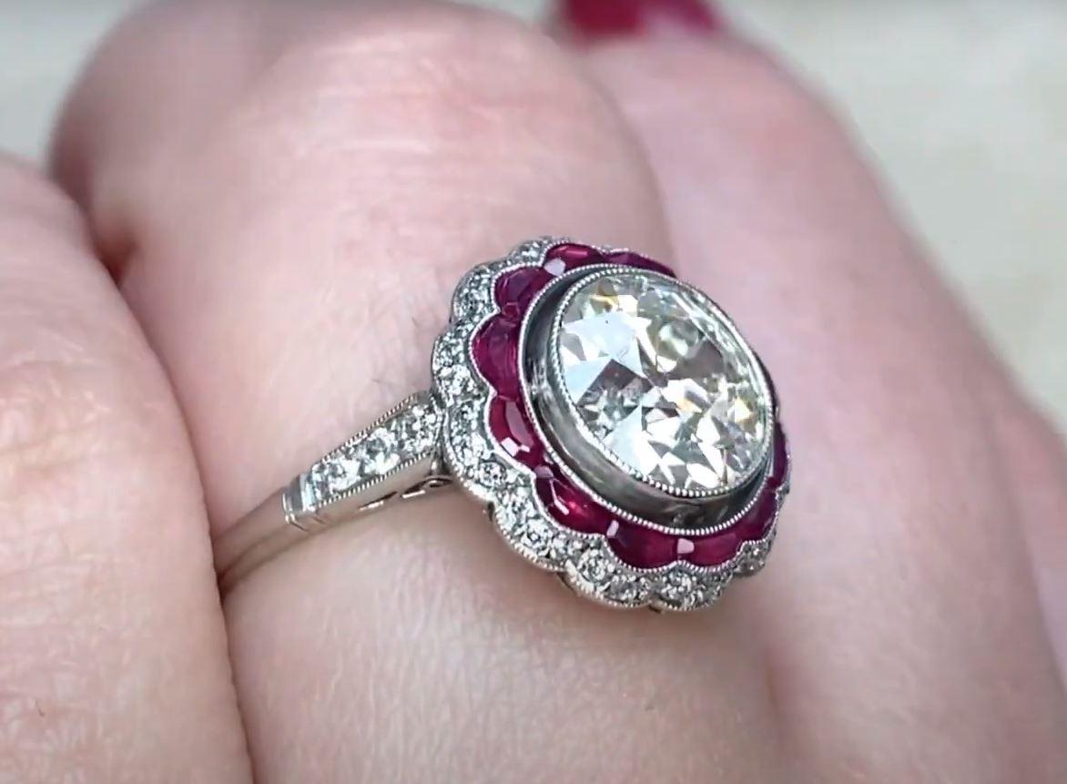 Women's 1.75ct Old European Cut Diamond Engagement Ring, Diamond & Ruby Halo, Platinum For Sale