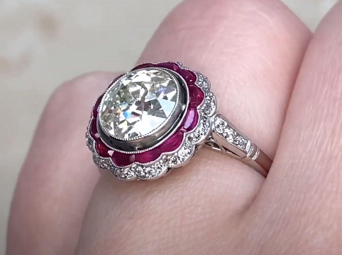 1.75ct Old European Cut Diamond Engagement Ring, Diamond & Ruby Halo, Platinum For Sale 1