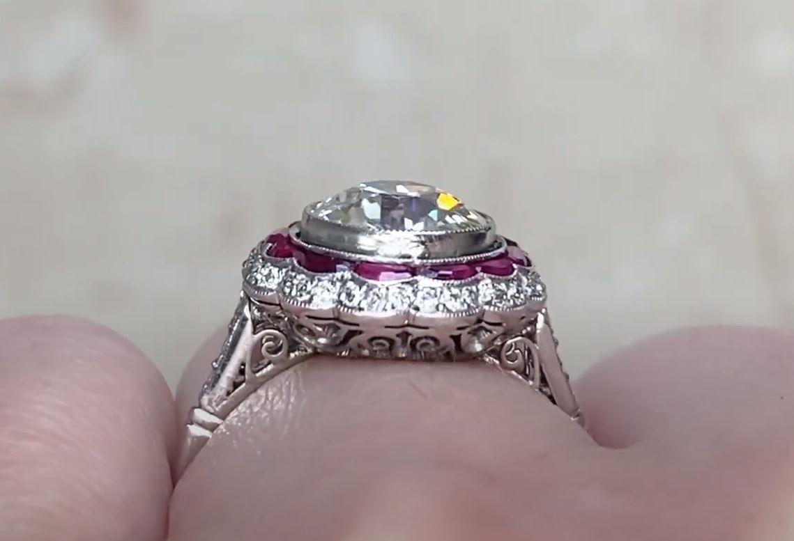 1.75ct Old European Cut Diamond Engagement Ring, Diamond & Ruby Halo, Platinum For Sale 2