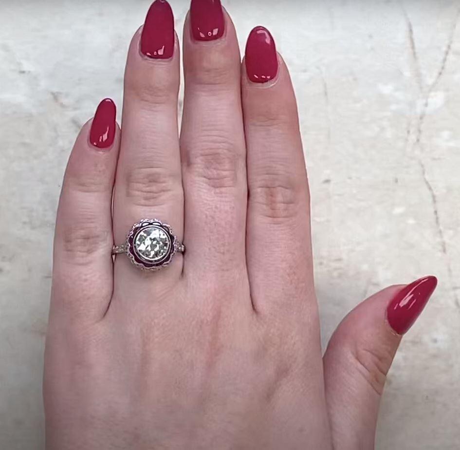 1.75ct Old European Cut Diamond Engagement Ring, Diamond & Ruby Halo, Platinum For Sale 3