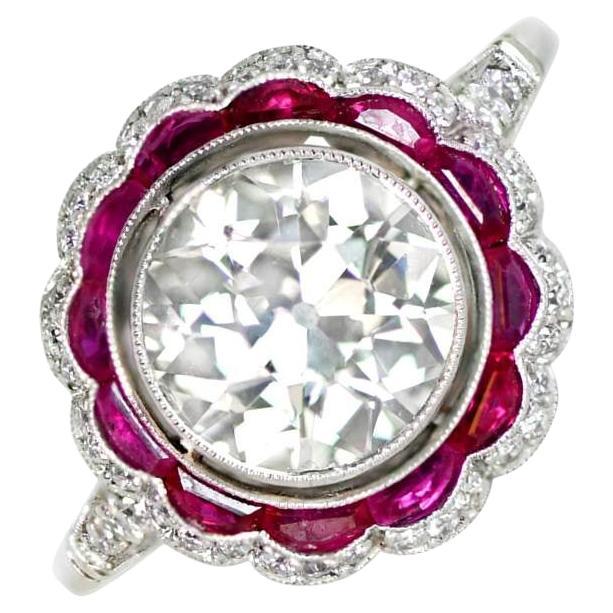 Bague de fiançailles en platine avec diamant taille européenne ancienne de 1,75 carat, halo de diamants et rubis