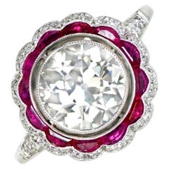 Bague de fiançailles en platine avec diamant taille européenne ancienne de 1,75 carat, halo de diamants et rubis
