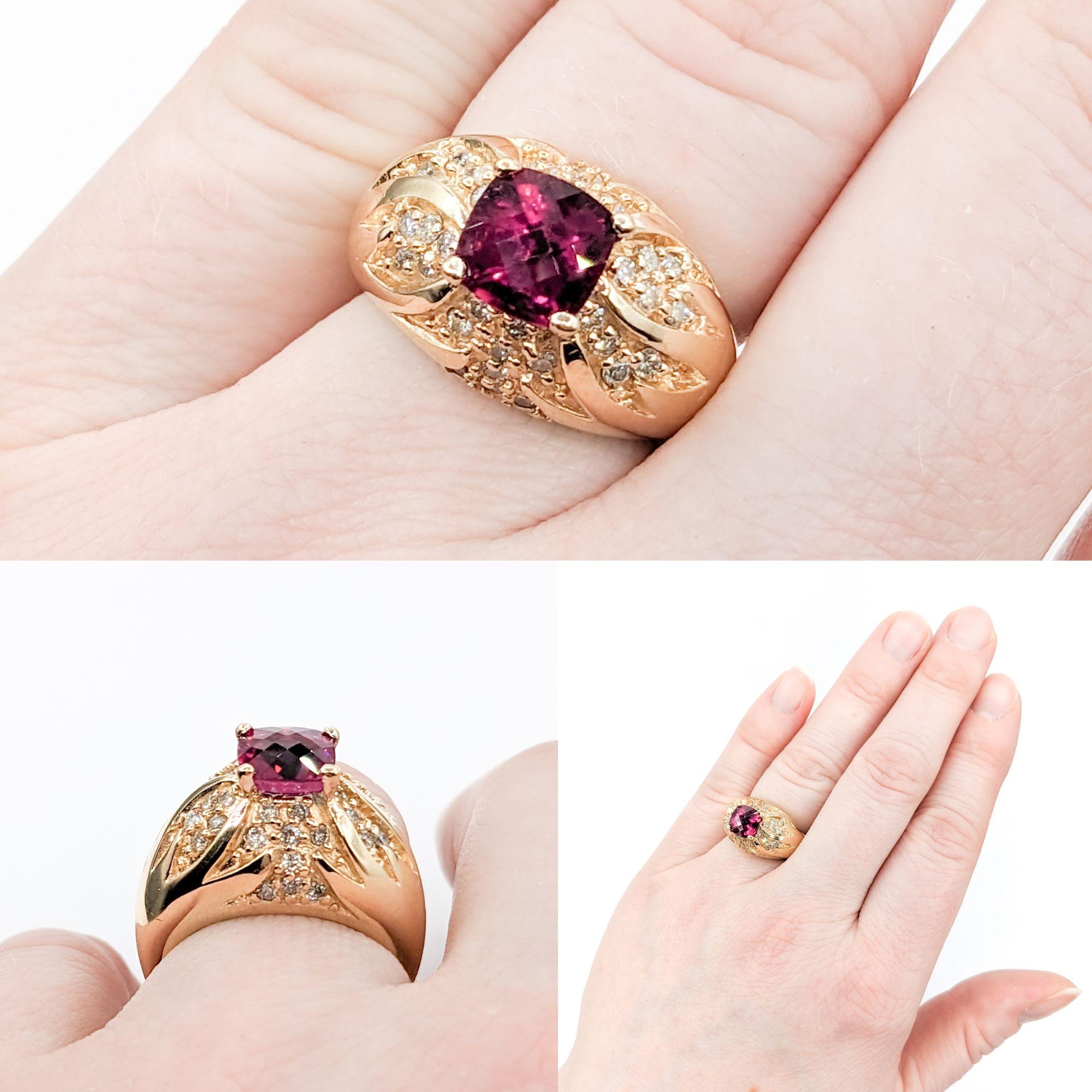 1.75ct Rubelite Tourmaline & .36ctw Diamond Ring In Tellow Gold

This exquisite Gemstone Fashion Ring, crafted in luxurious 14kt yellow gold, showcases a captivating 1.75ct Rubelite Tourmaline centerpiece. Accentuated with .36ctw round diamonds of I