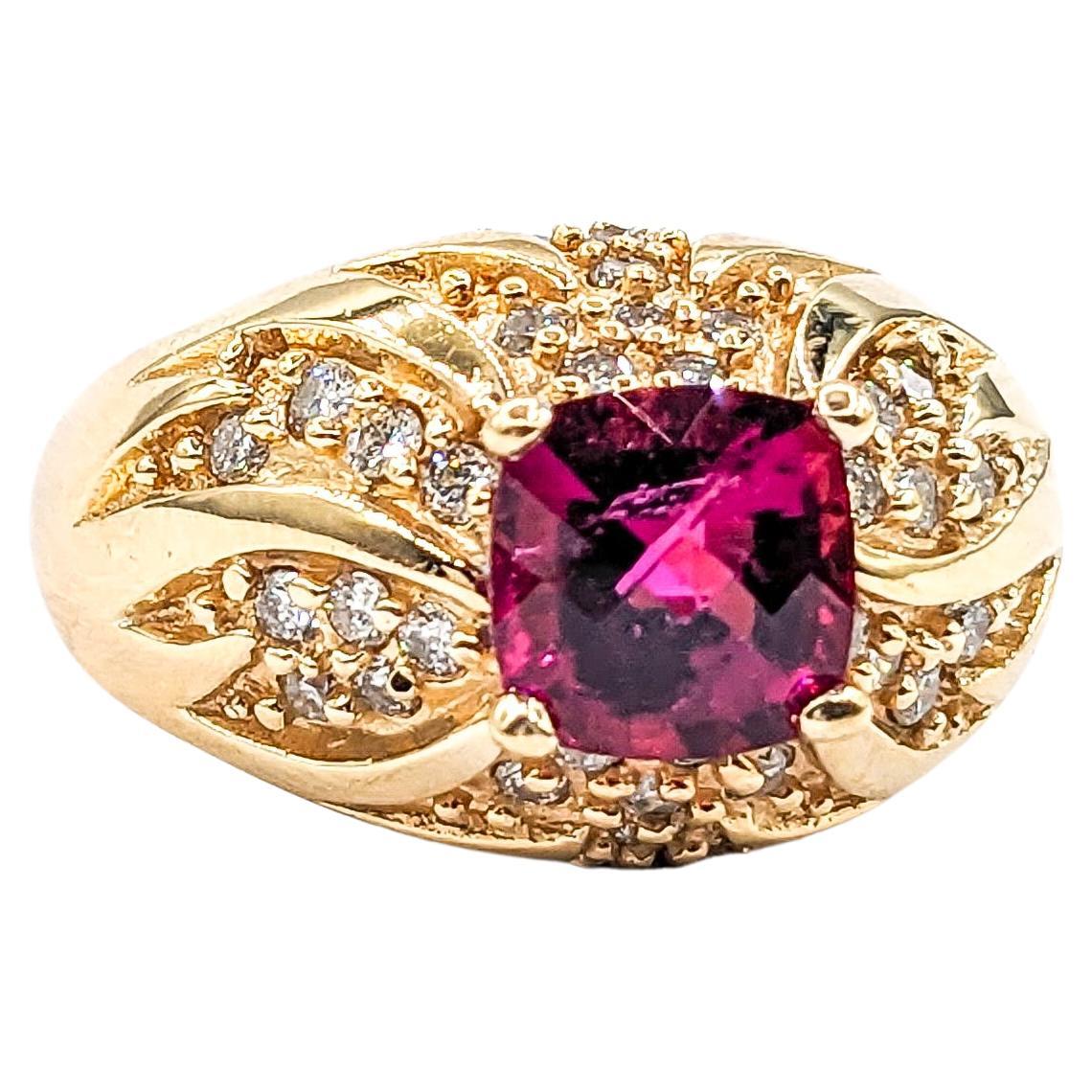 1.75ct Rubelite Tourmaline & .36ctw Diamond Ring In Yellow Gold For Sale