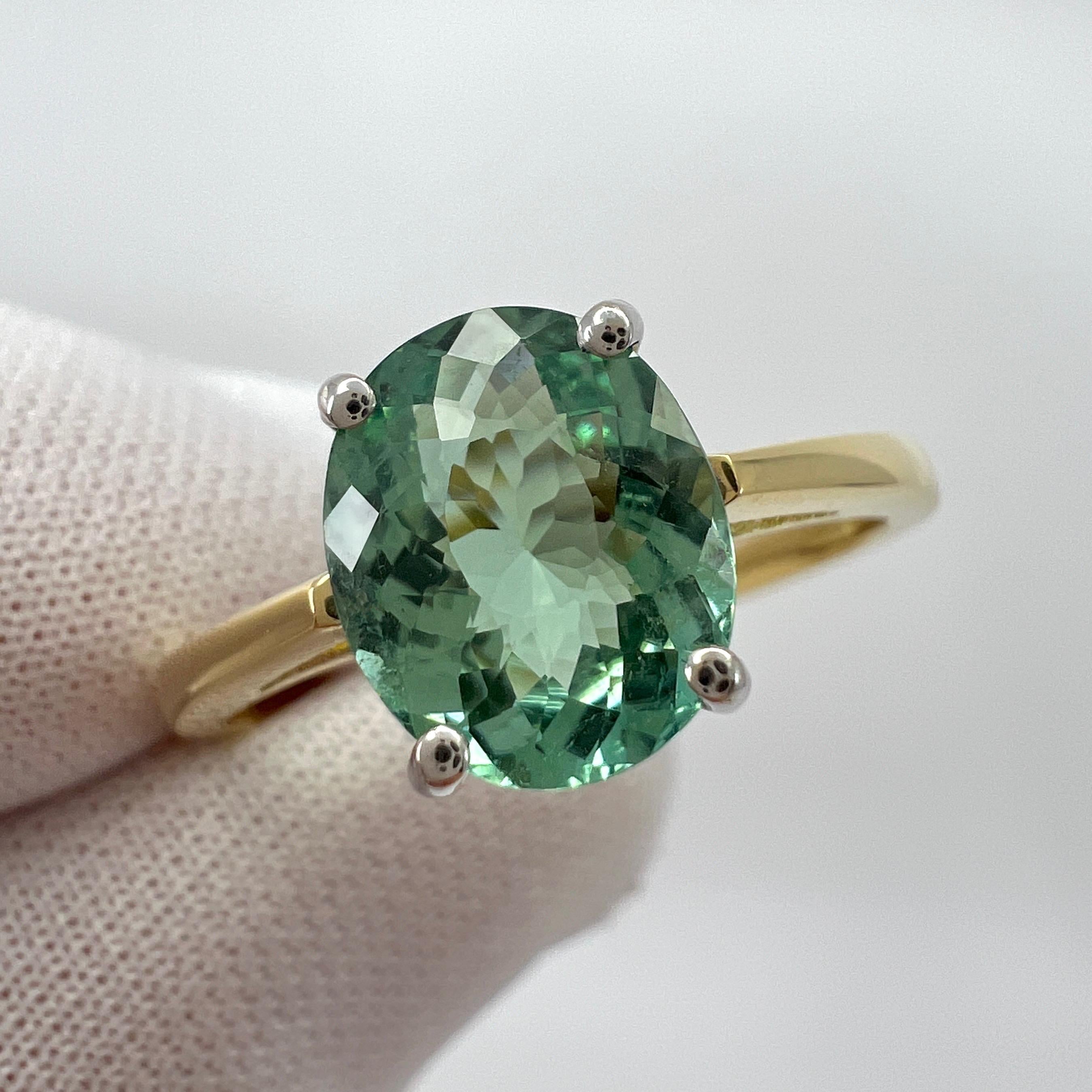 1.75ct Vivid Blue Green Tourmaline Oval Cut 18k Yellow White Gold Solitaire Ring For Sale 2