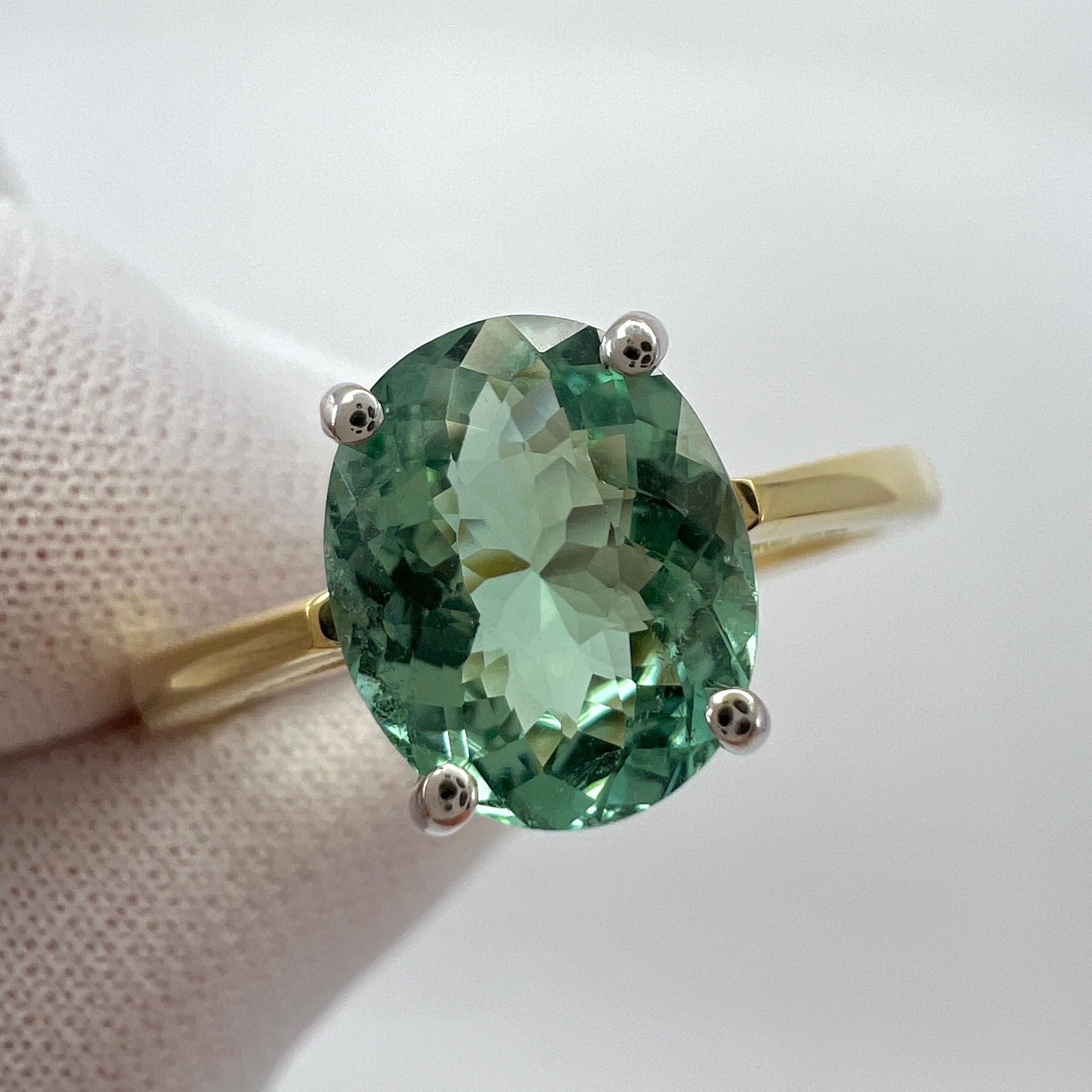 1.75ct Vivid Blue Green Tourmaline Oval Cut 18k Yellow White Gold Solitaire Ring For Sale 4
