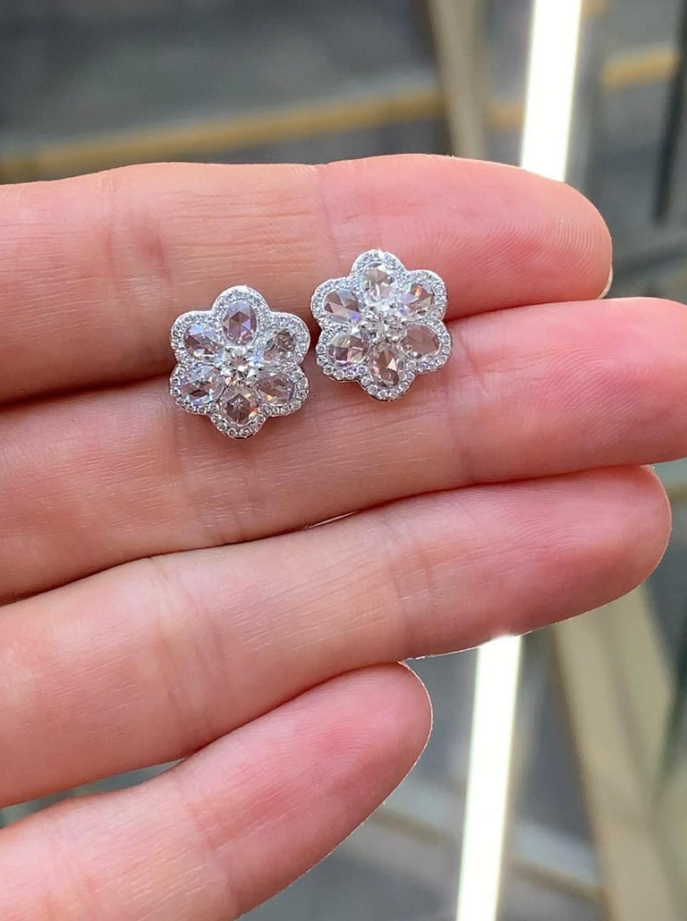 18K White Gold 1.75 Carat Rose Cut Diamond Flower Cluster Ear