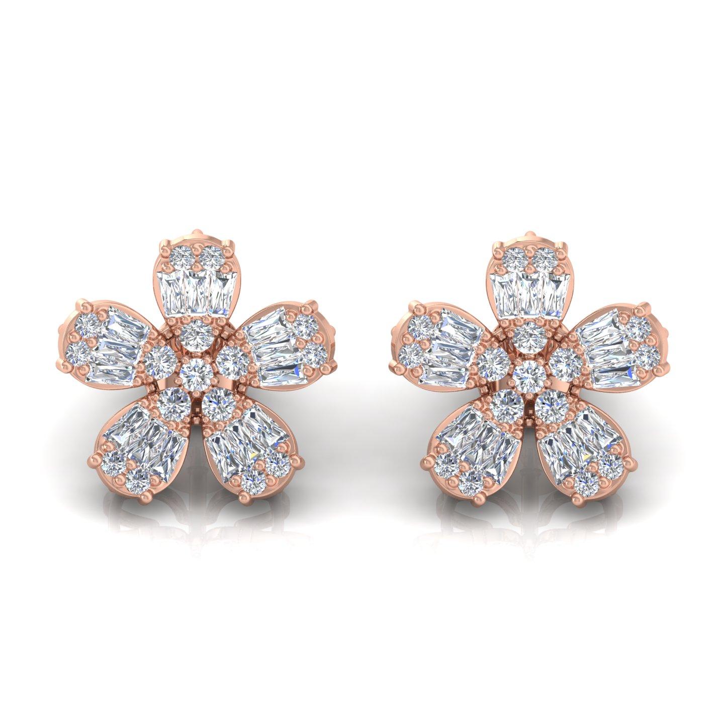Taille mixte 1.75cts SI/H Real Diamond Flower Studs Earring in 10 Karat Solid Rose Gold Gift (Boucles d'oreilles fleur en or rose massif de 10 carats) en vente