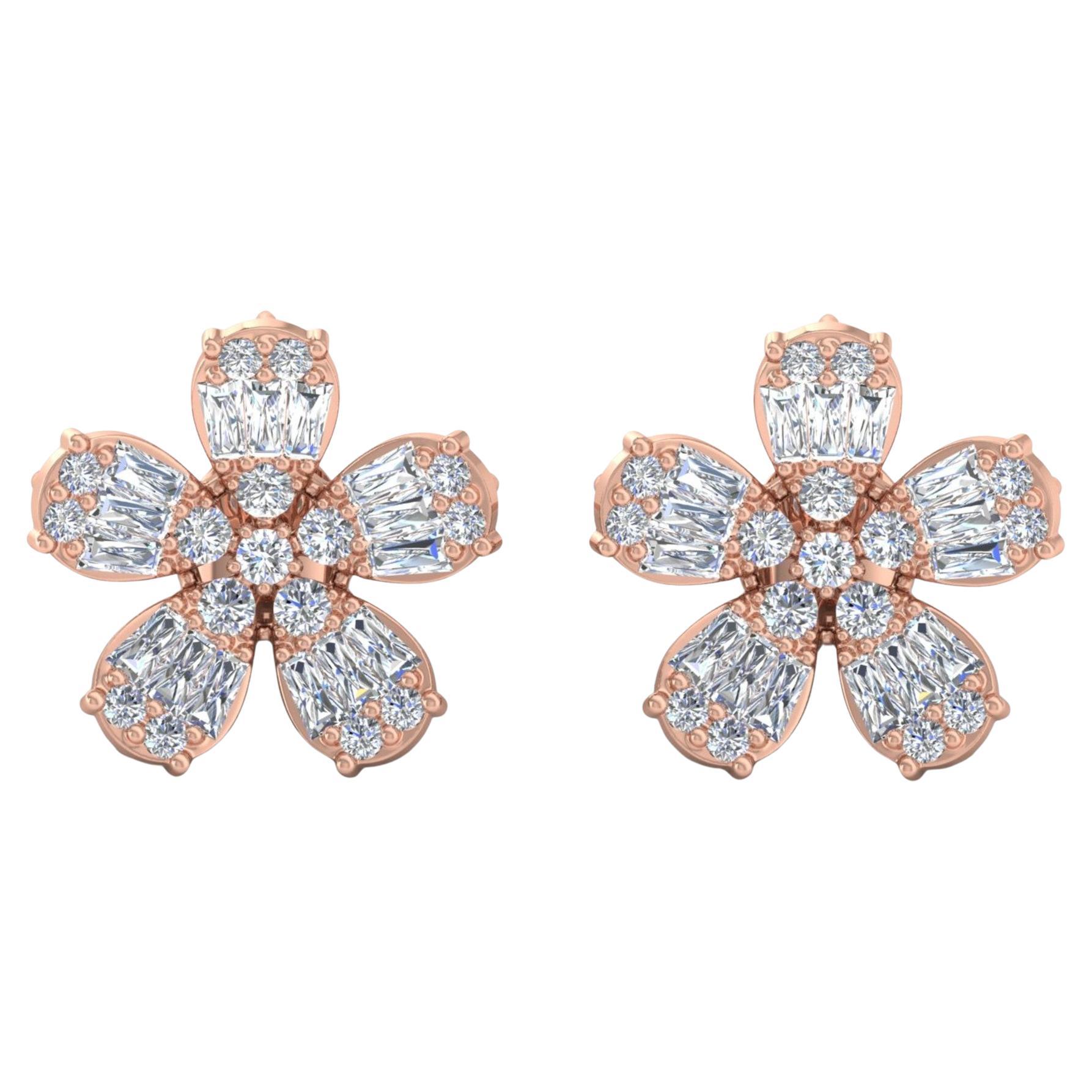 1.75cts SI/H Real Diamond Flower Studs Earring in 10 Karat Solid Rose Gold Gift (Boucles d'oreilles fleur en or rose massif de 10 carats) en vente