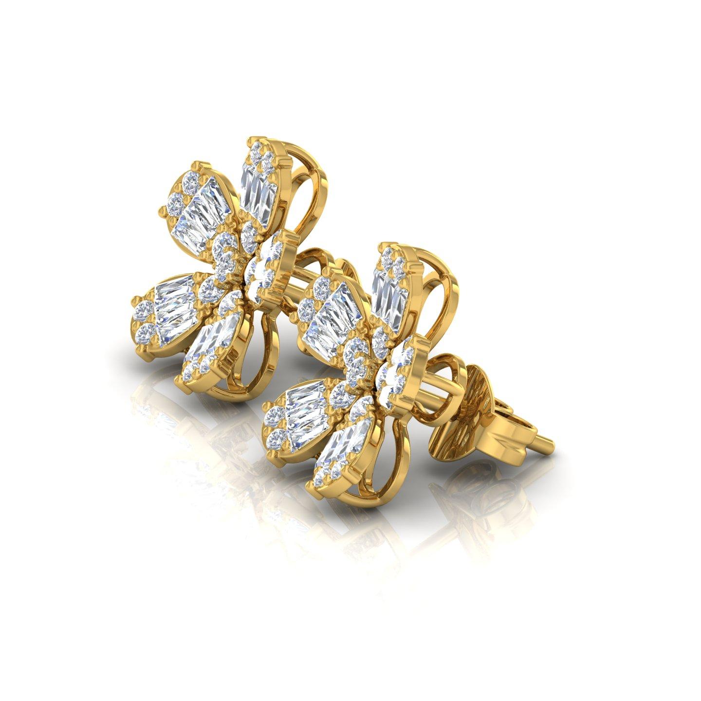 Moderne 1.75cts SI/H Real Diamond Flower Studs Earring in 10 Karat Solid Yellow Gold (Boucles d'oreilles fleur en or jaune 10 carats) en vente