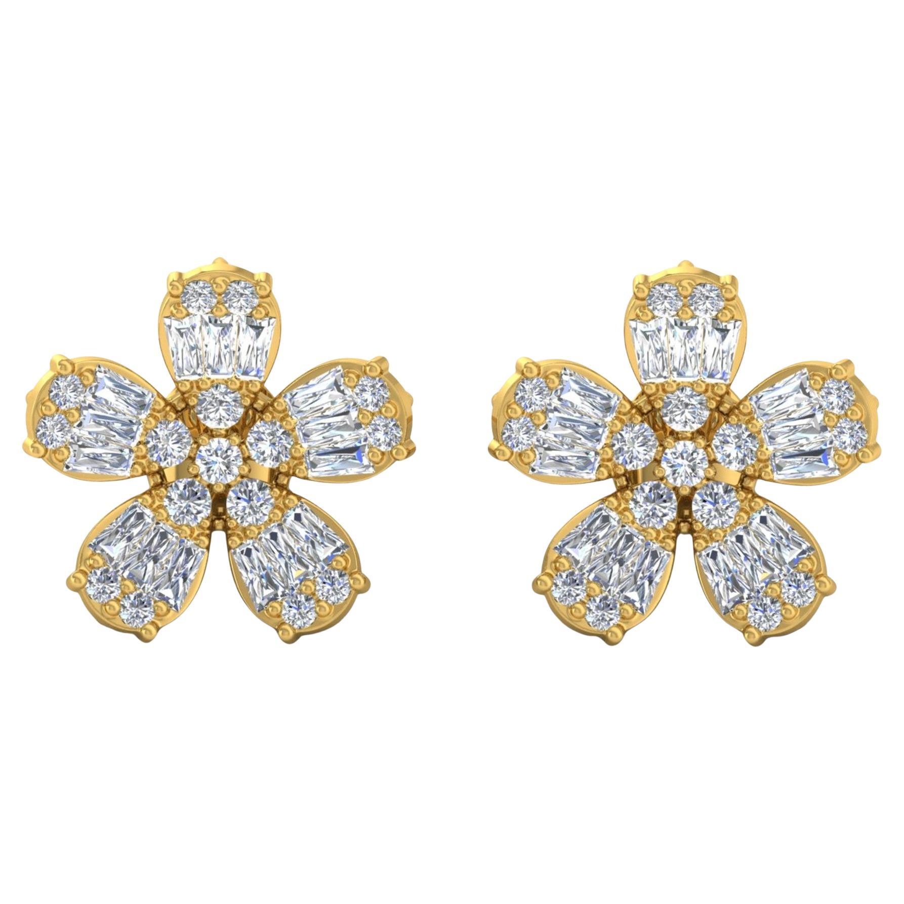 1.75cts SI/H Real Diamond Flower Studs Earring in 10 Karat Solid Yellow Gold (Boucles d'oreilles fleur en or jaune 10 carats) en vente