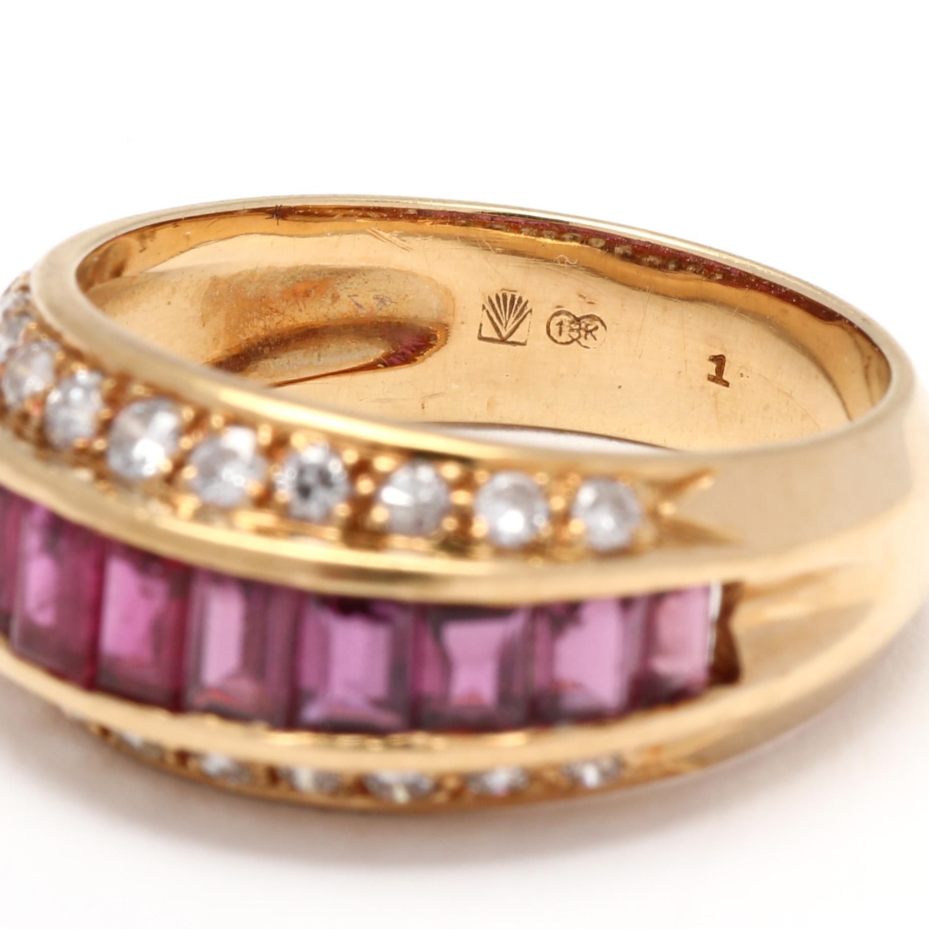 Women's or Men's 1.75ctw Diamond and Ruby Band Ring, 18k Yellow Gold, Ring Size 6.25, Baguette For Sale