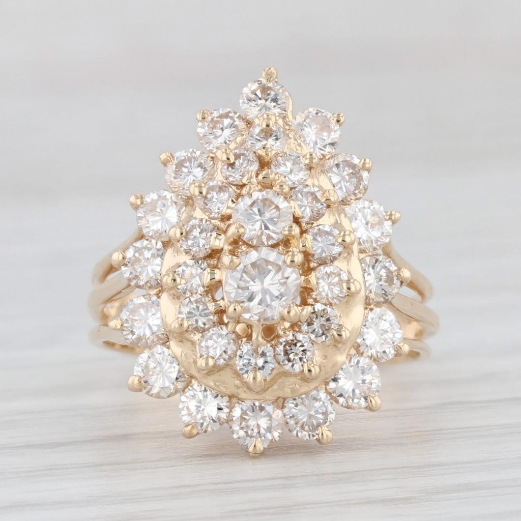 Women's 1.75ctw Diamond Cluster Teardrop Ring 14k Yellow Gold Size 5.5 Cocktail For Sale