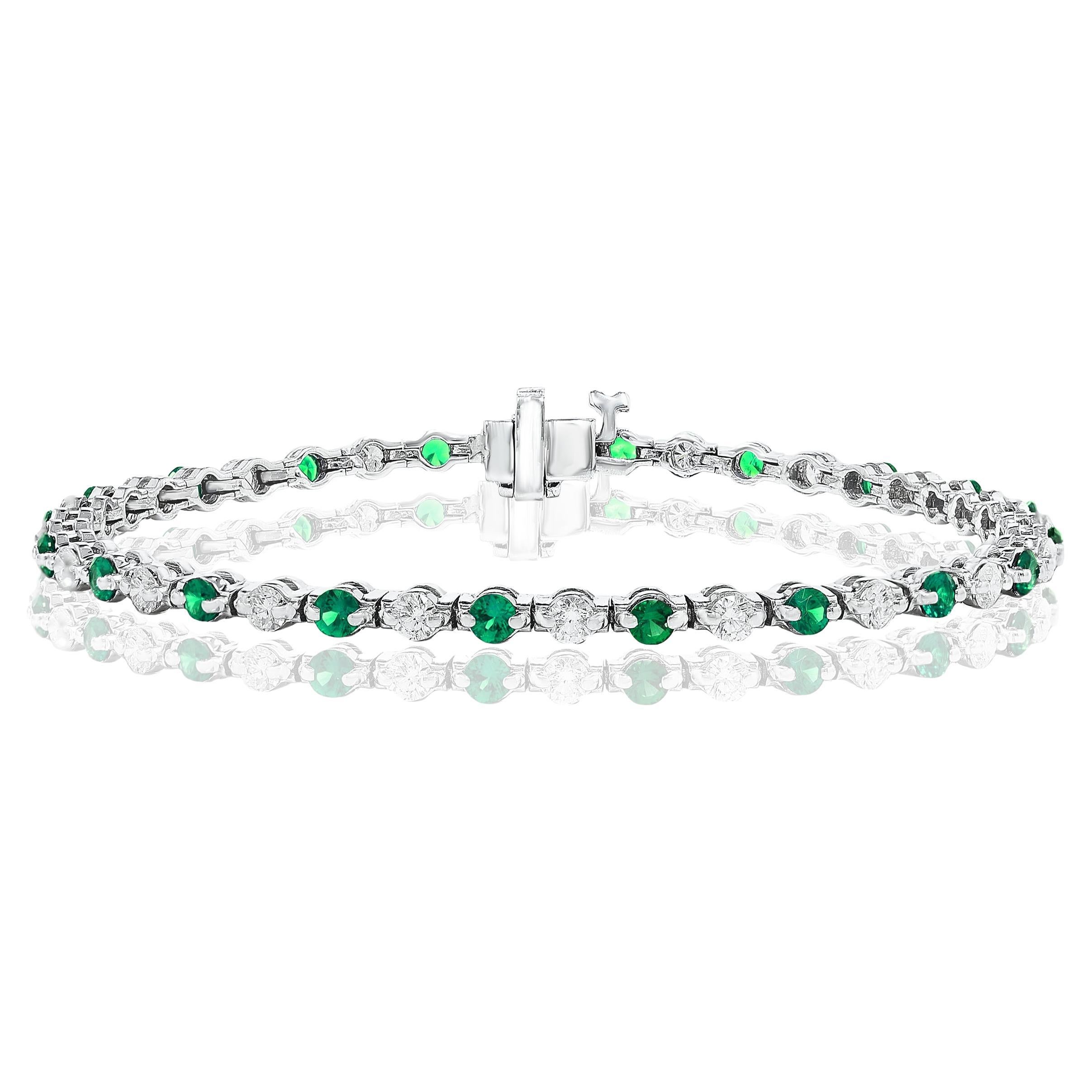1.75ctw Natural Round Emeralds & 2.01ctw Round Diamonds Line Bracelet For Sale