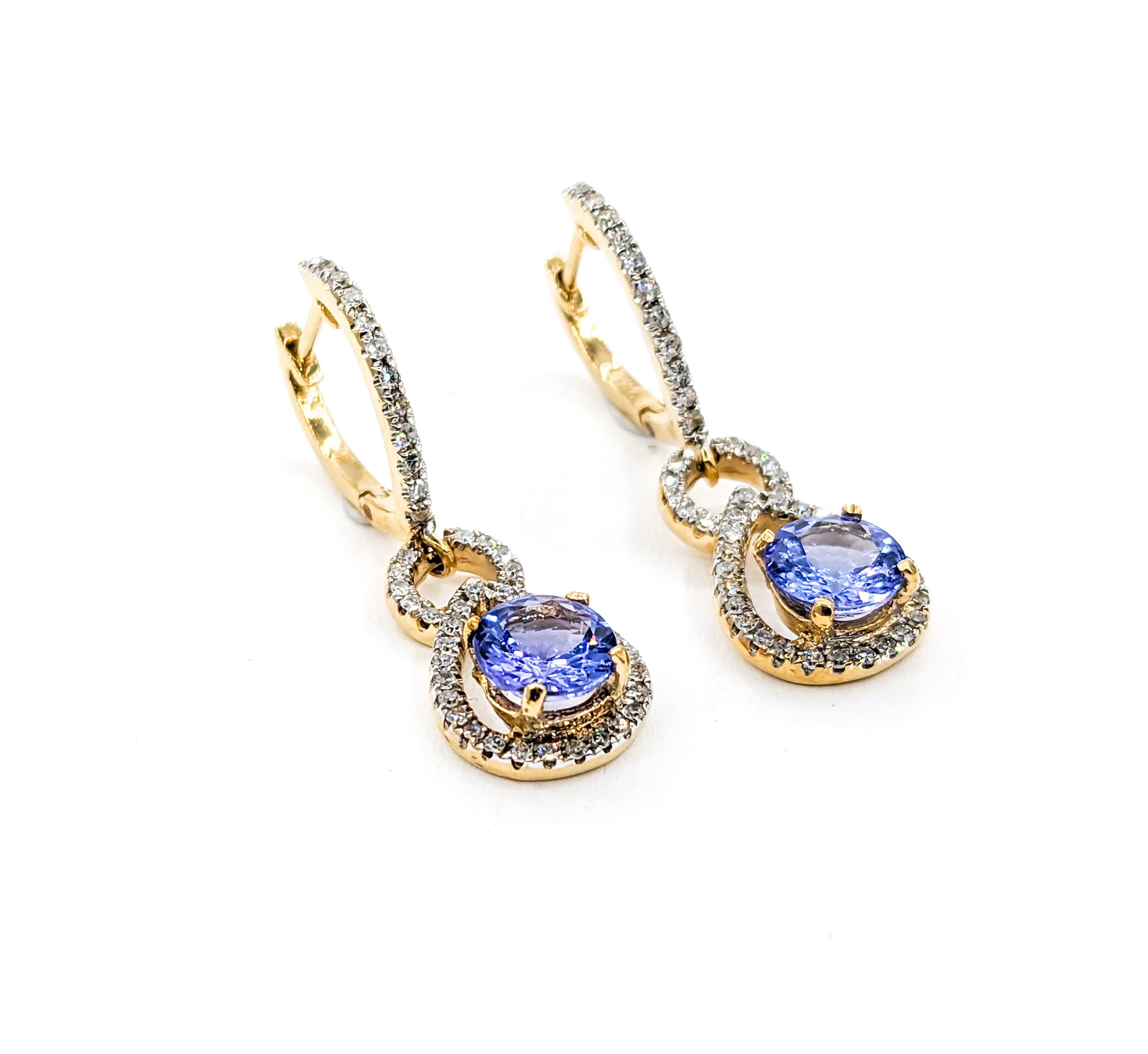 Contemporary 1.75ctw Tanzanite & Diamond Dangle Earrings In Yellow Gold For Sale