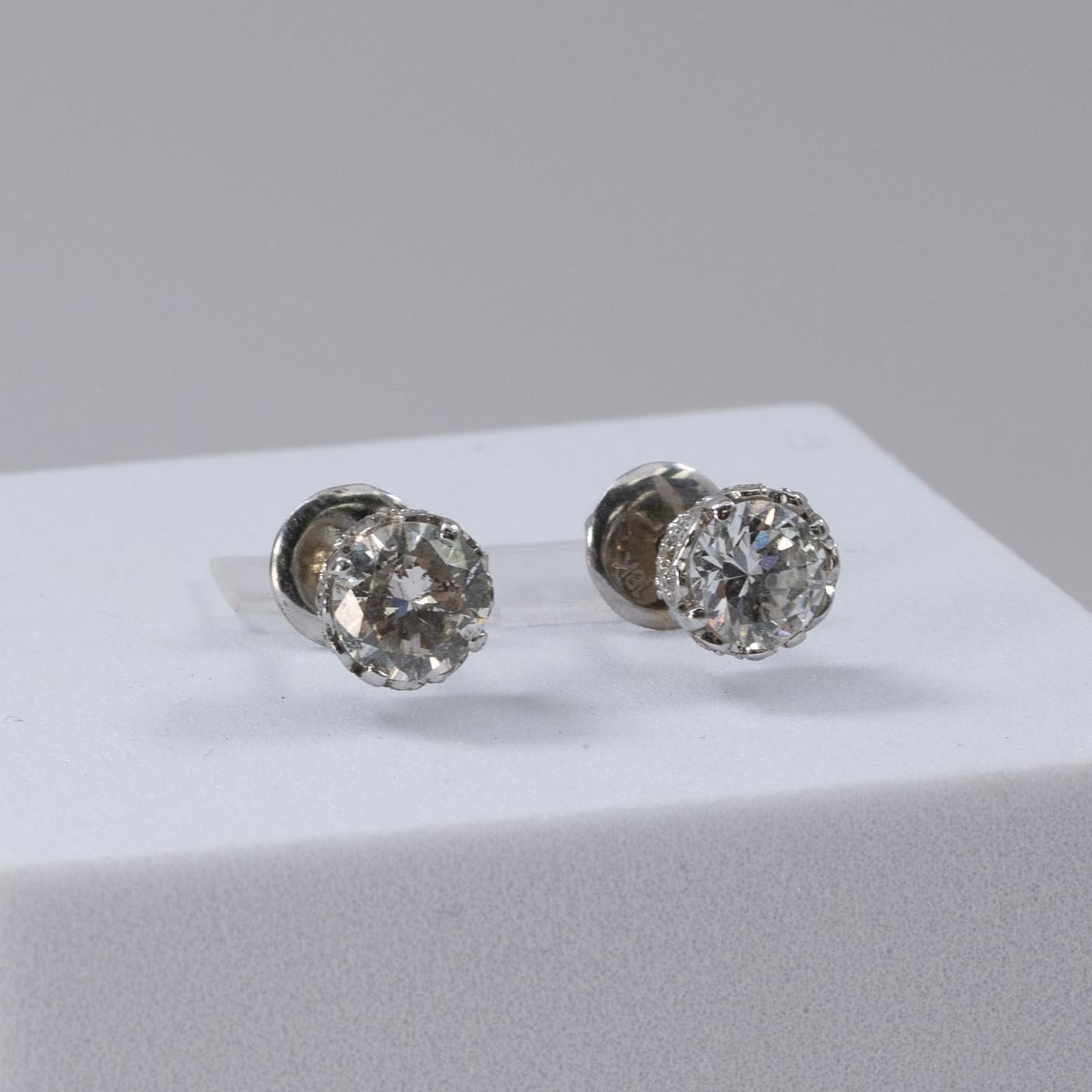 1.75ctw Vintage Old European Cut Diamond Studs in 18k White Gold 1