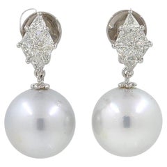 Impressive Size South Sea Pearl Diamond Dangle Earrings in 18 Karat Gold