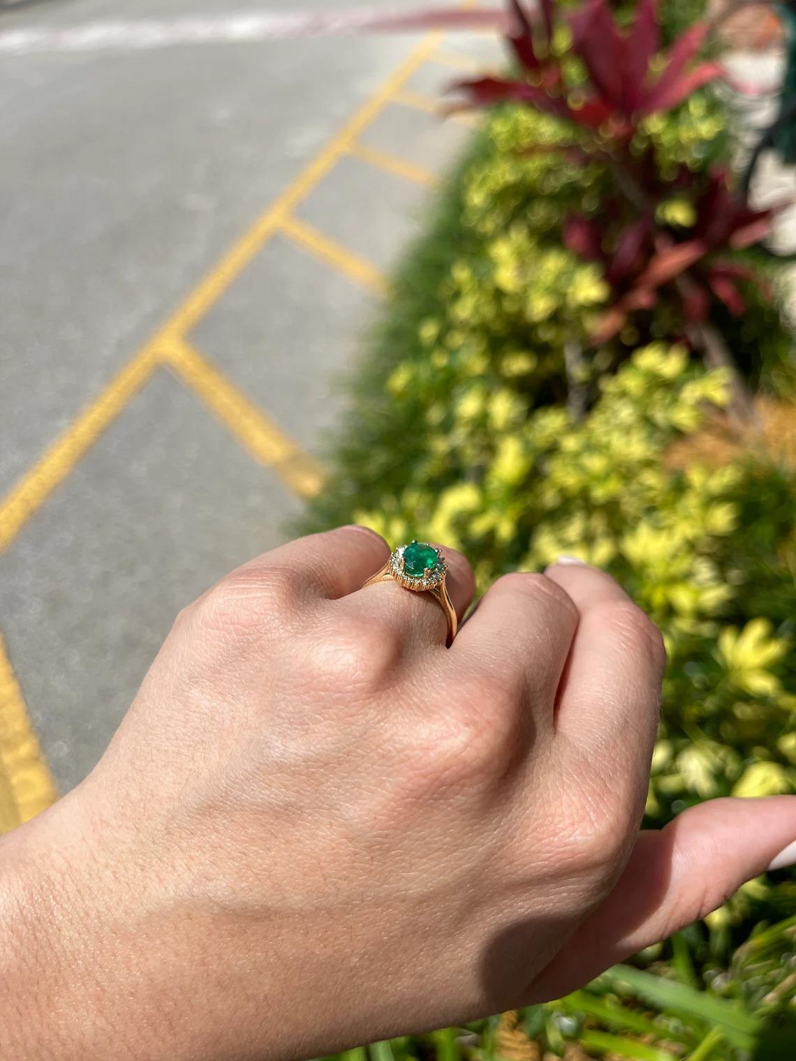 Modern 1.75tcw 14K Colombian Emerald-Oval Cut & Diamond Halo Tiara Gold Ring For Sale