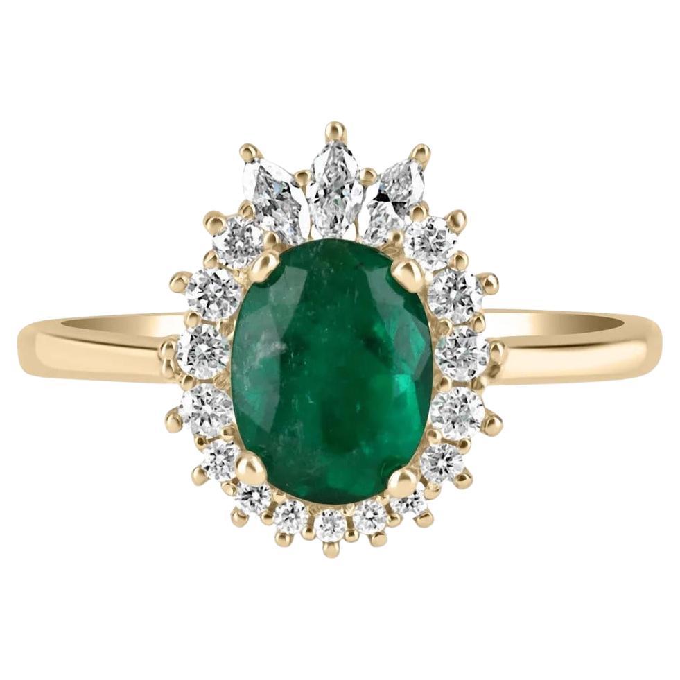 1.75tcw 14K Colombian Emerald-Oval Cut & Diamond Halo Tiara Gold Ring For Sale