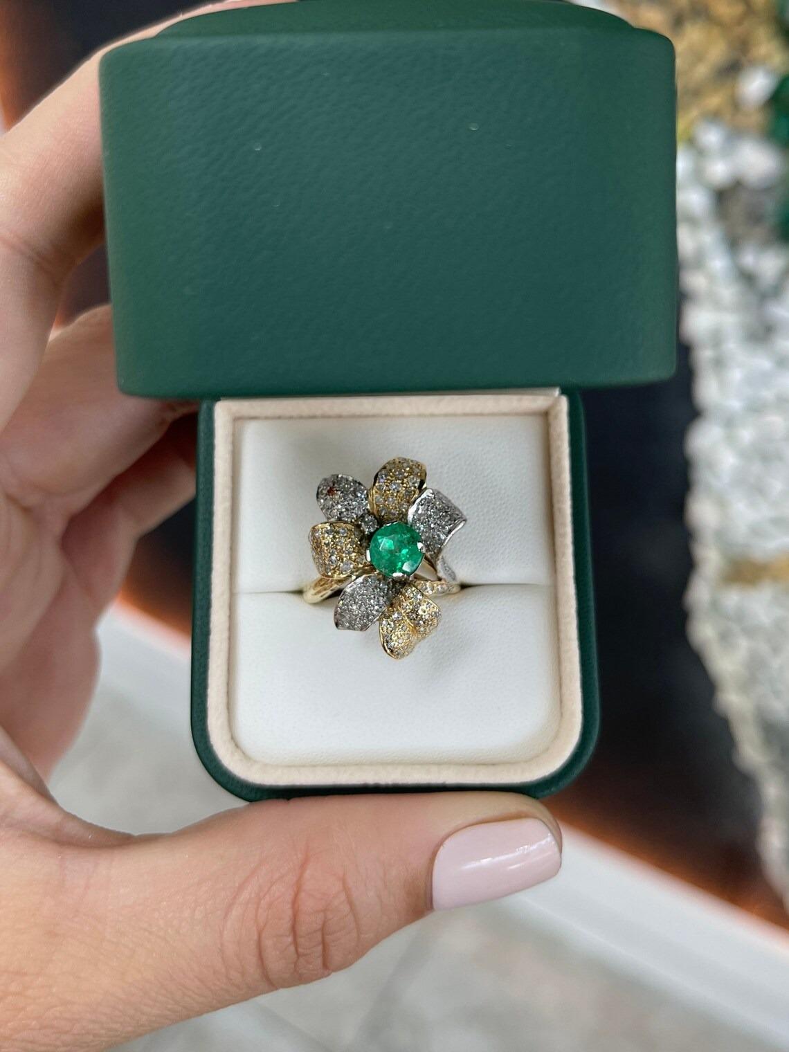Art Deco 1.75tcw 14K Round Colombian Emerald & Diamond Accent Floral Pave Statement Ring For Sale