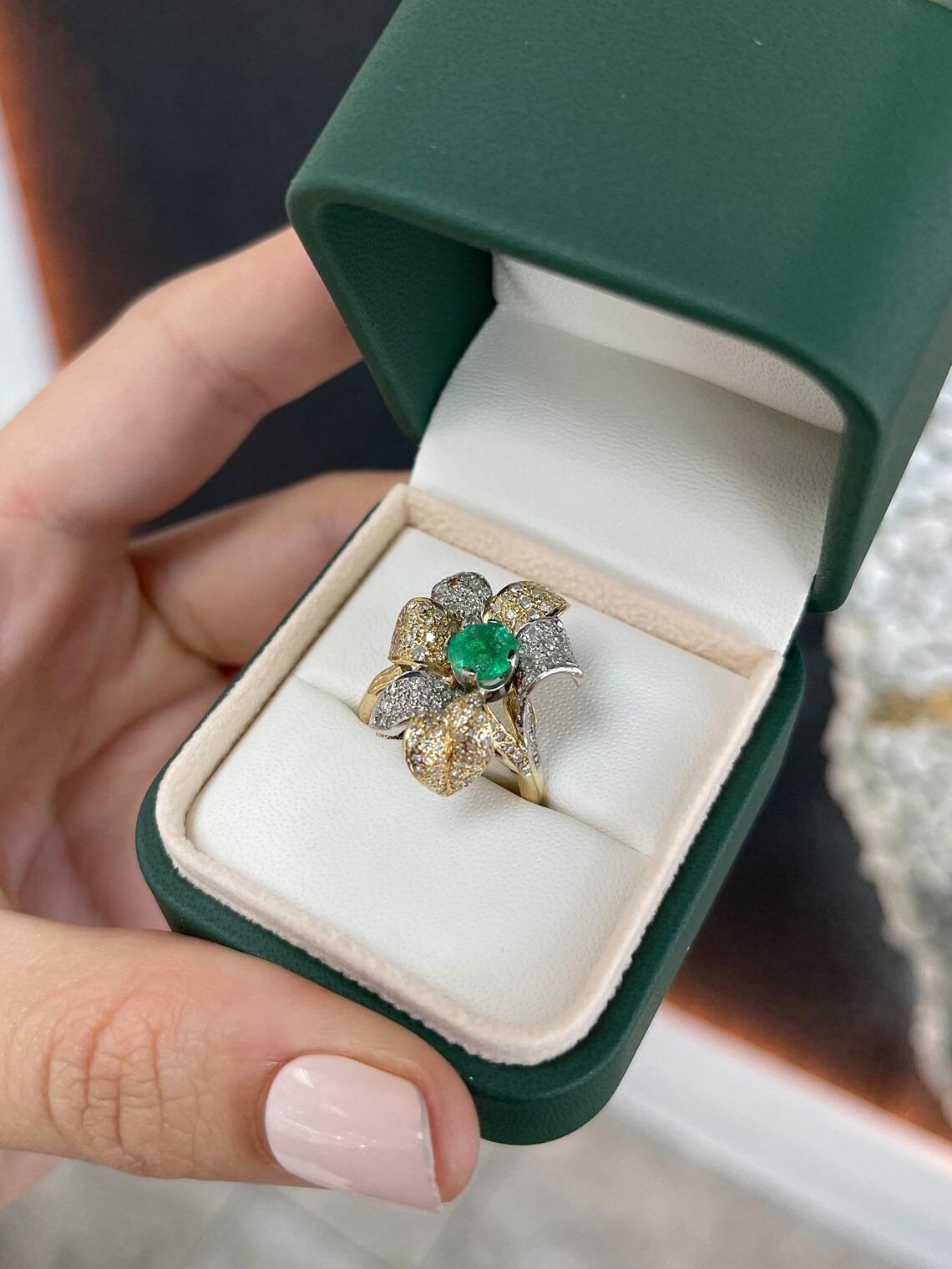1.75tcw 14K Round Colombian Emerald & Diamond Accent Floral Pave Statement Ring In New Condition For Sale In Jupiter, FL