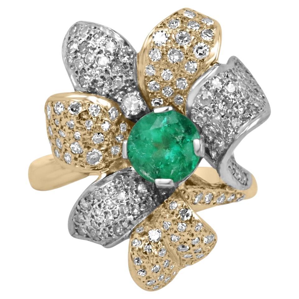 1.75tcw 14K Round Colombian Emerald & Diamond Accent Floral Pave Statement Ring For Sale