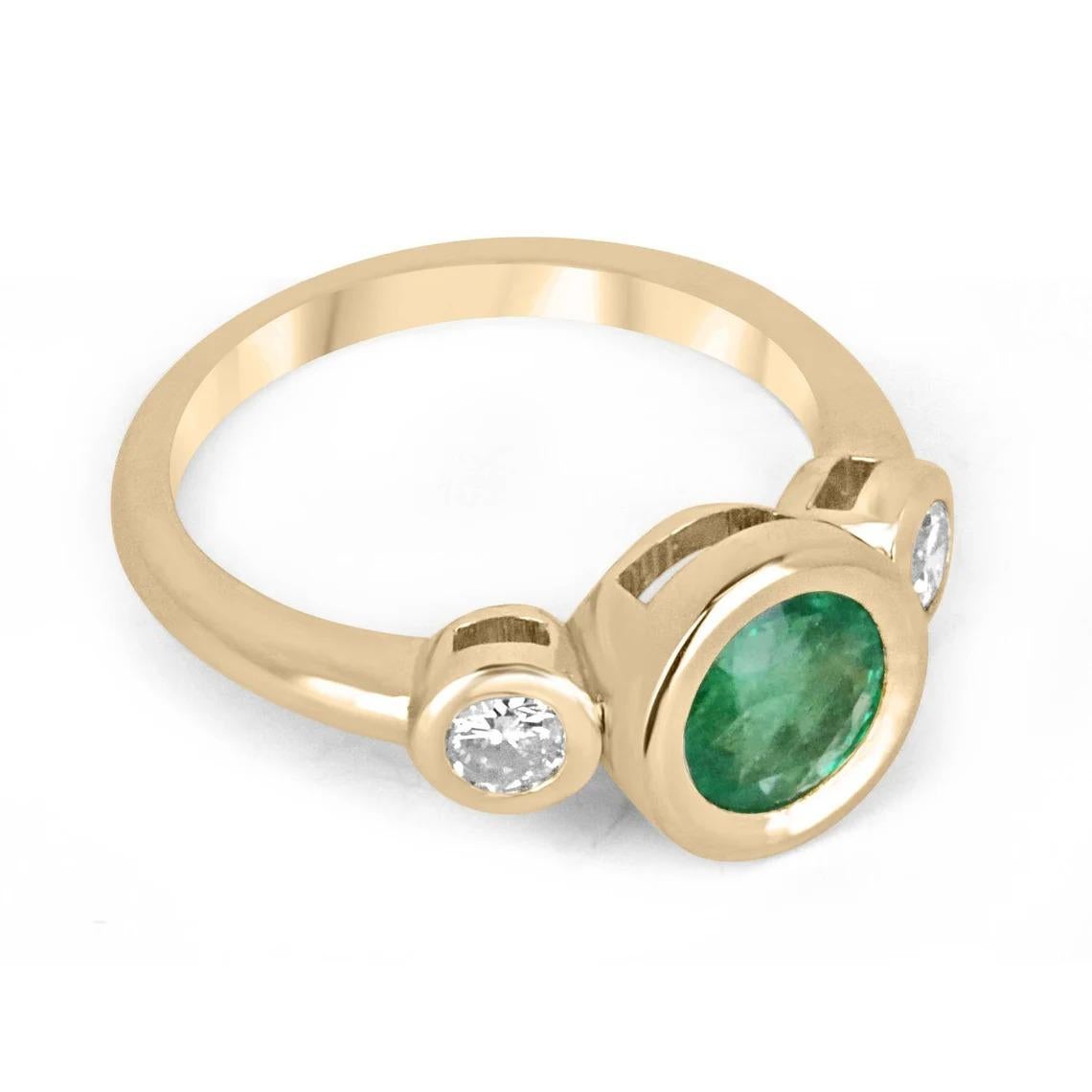 This three-stone ring features a gorgeous 1.45-carat round-cut emerald as its centerpiece, with a medium spring green color that catches the light beautifully. The emerald is flanked by two brilliant round-cut diamonds, adding extra sparkle and