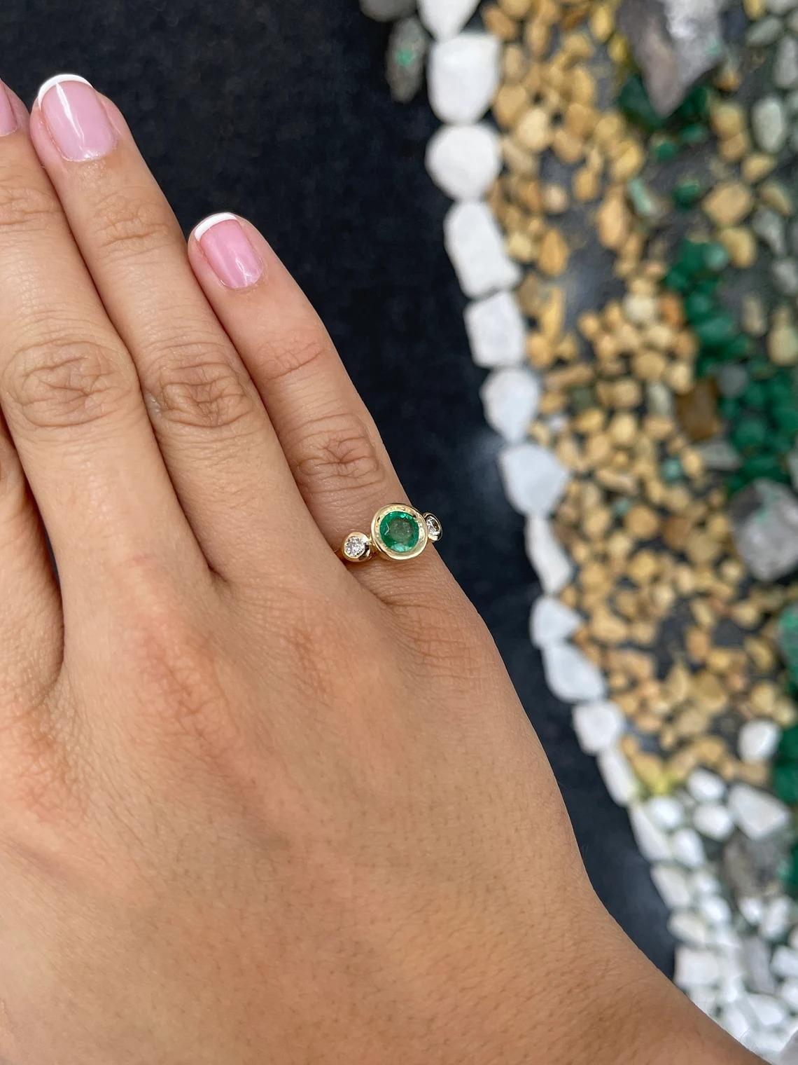 Round Cut 1.75tcw 14K Spring Green Round Emerald & Diamond Three Stone Bezel Gold Ring For Sale