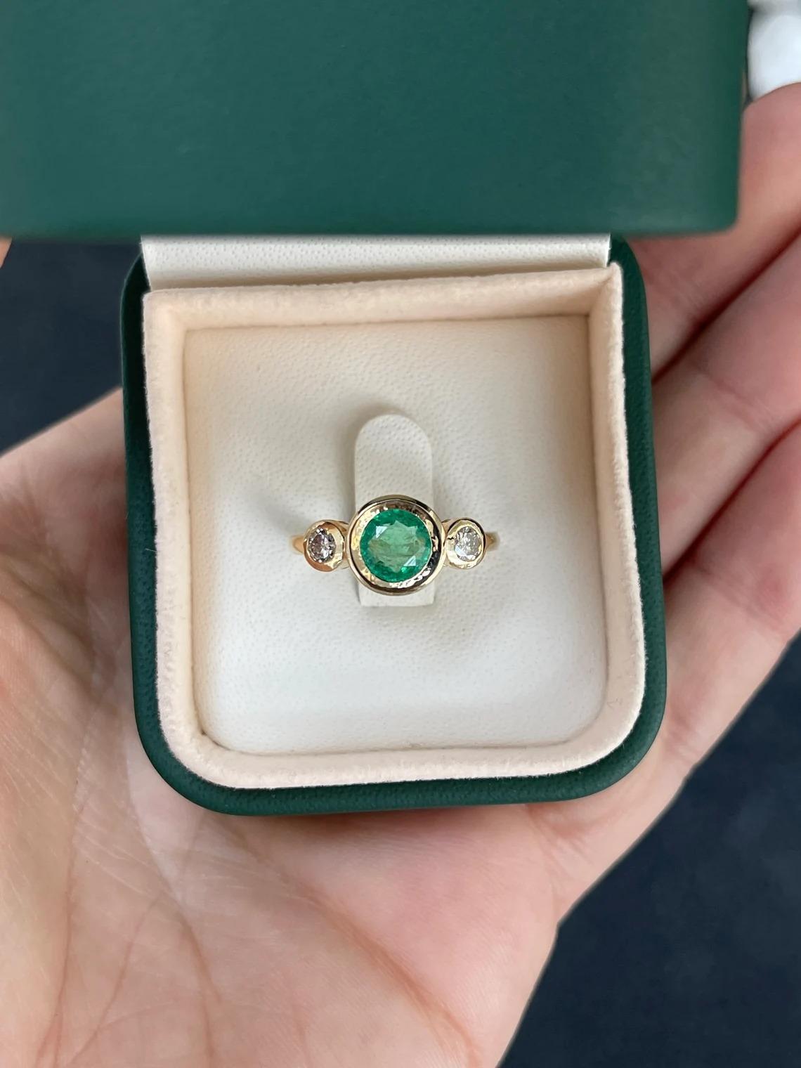 Women's 1.75tcw 14K Spring Green Round Emerald & Diamond Three Stone Bezel Gold Ring For Sale